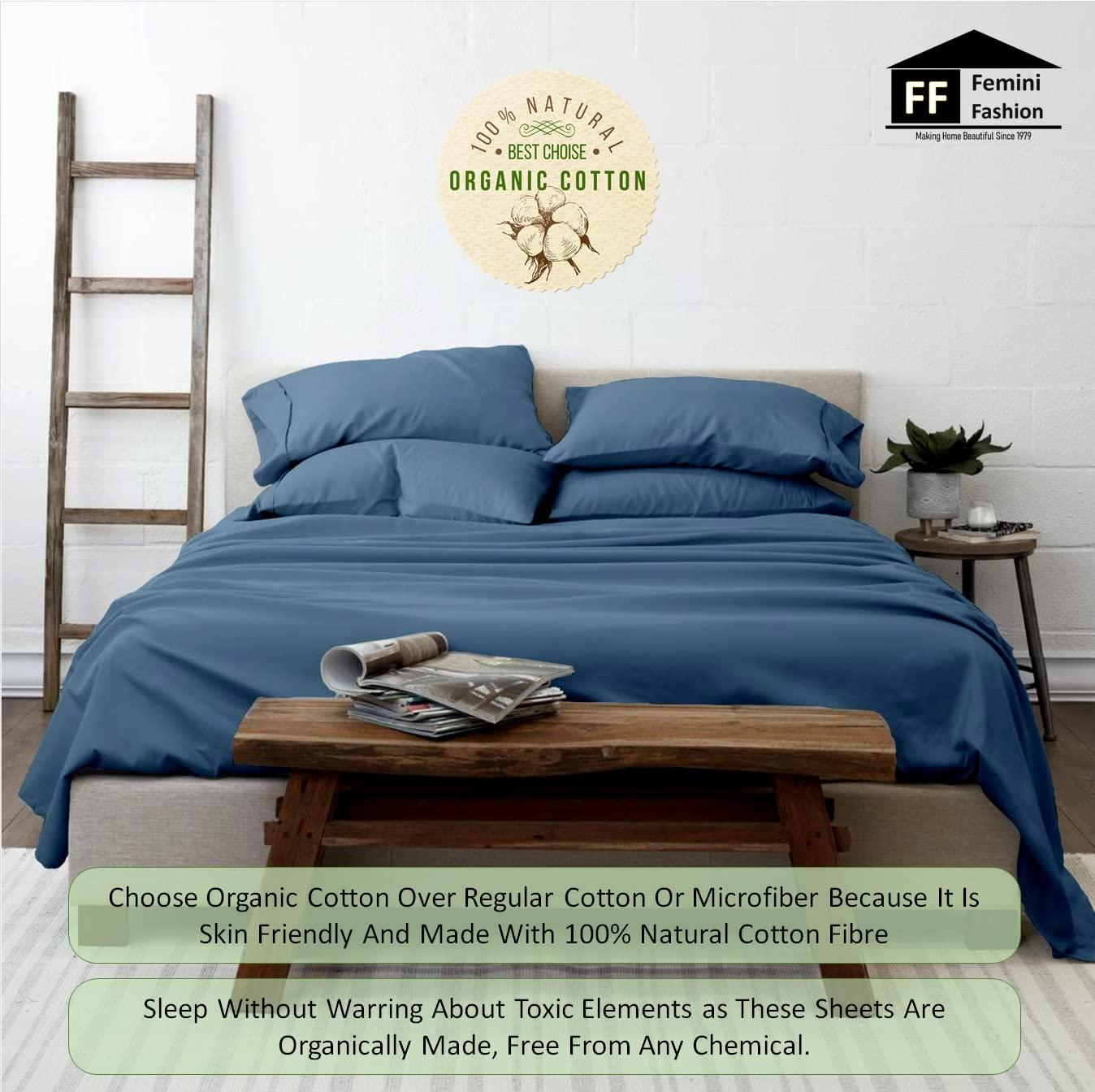 Femini Fashion Extra Deep Pockets 1000 Thread Count 100% Organic GOTS Certified Cotton, 30-Inch Deep-Pocket, 4-Piece Bed Sheet Set (1 Flat Sheet, 1 Fitted Sheet, 2 Pillow Covers) - Full-XL, Mediterranean Blue