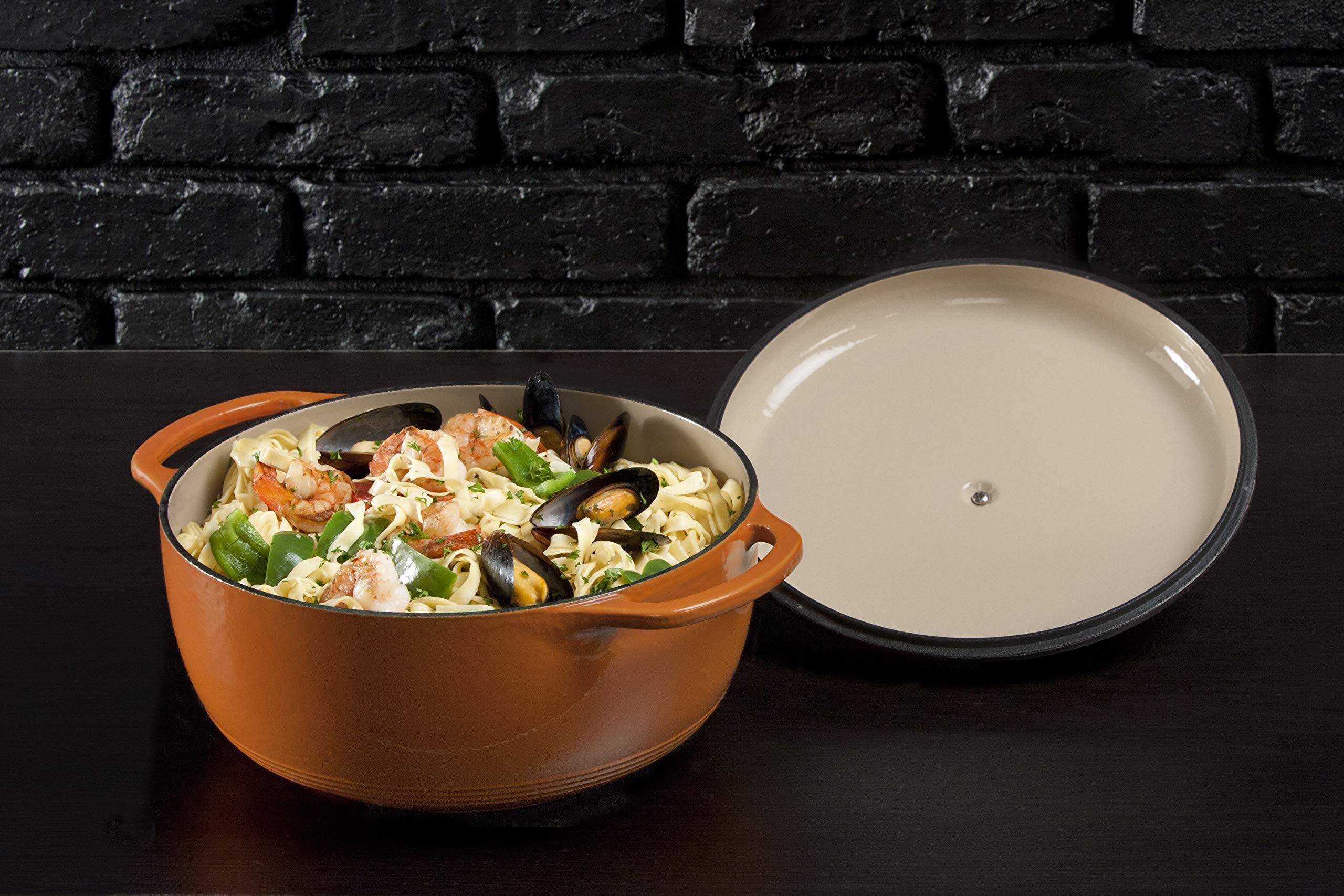 Lodge Lodge 6 Quart Enameled Cast Iron Dutch Oven with Lid Dual Handles Oven Safe up to 500 F or on Stovetop - Use to Marinate, Cook, Bake, Refrigerate and Serve Pumpkin