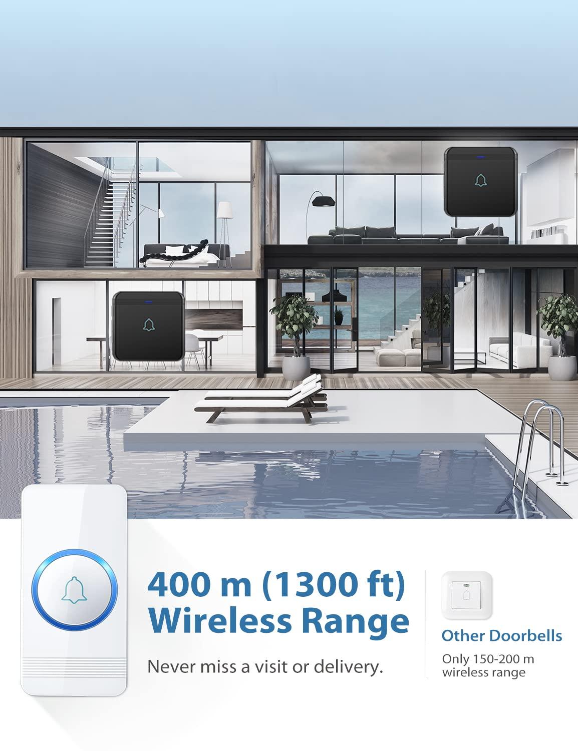 AVANTEK AVANTEK Wireless Doorbell, D-3W Waterproof Door Chime Kit Operating at over 1300 Feet with 2 Plug-In Receivers, 52 Melodies, CD Quality Sound and LED Flash