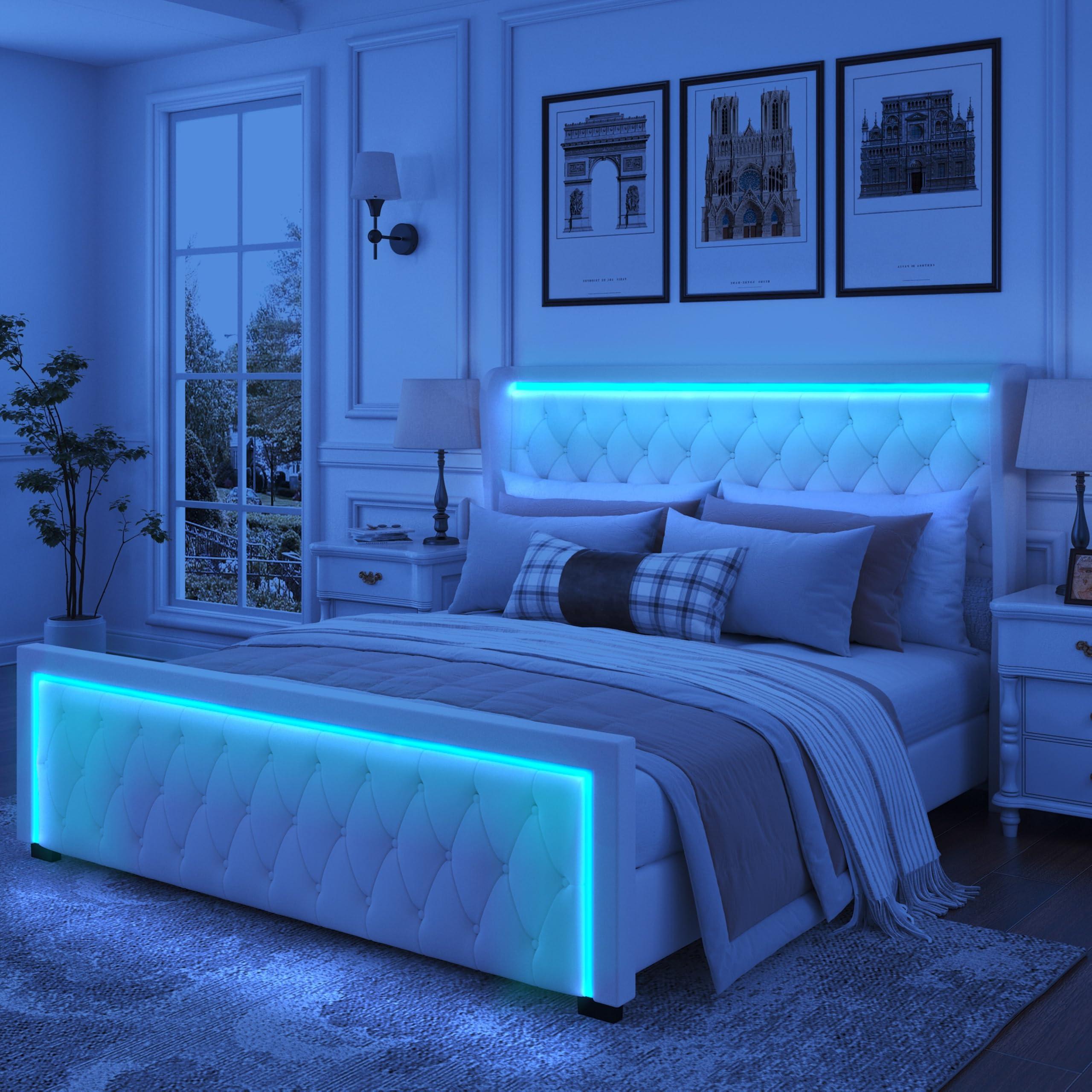 Bed Bath & Beyond Queen Velvet Platform Bed Frame with High Headboard and LED Light