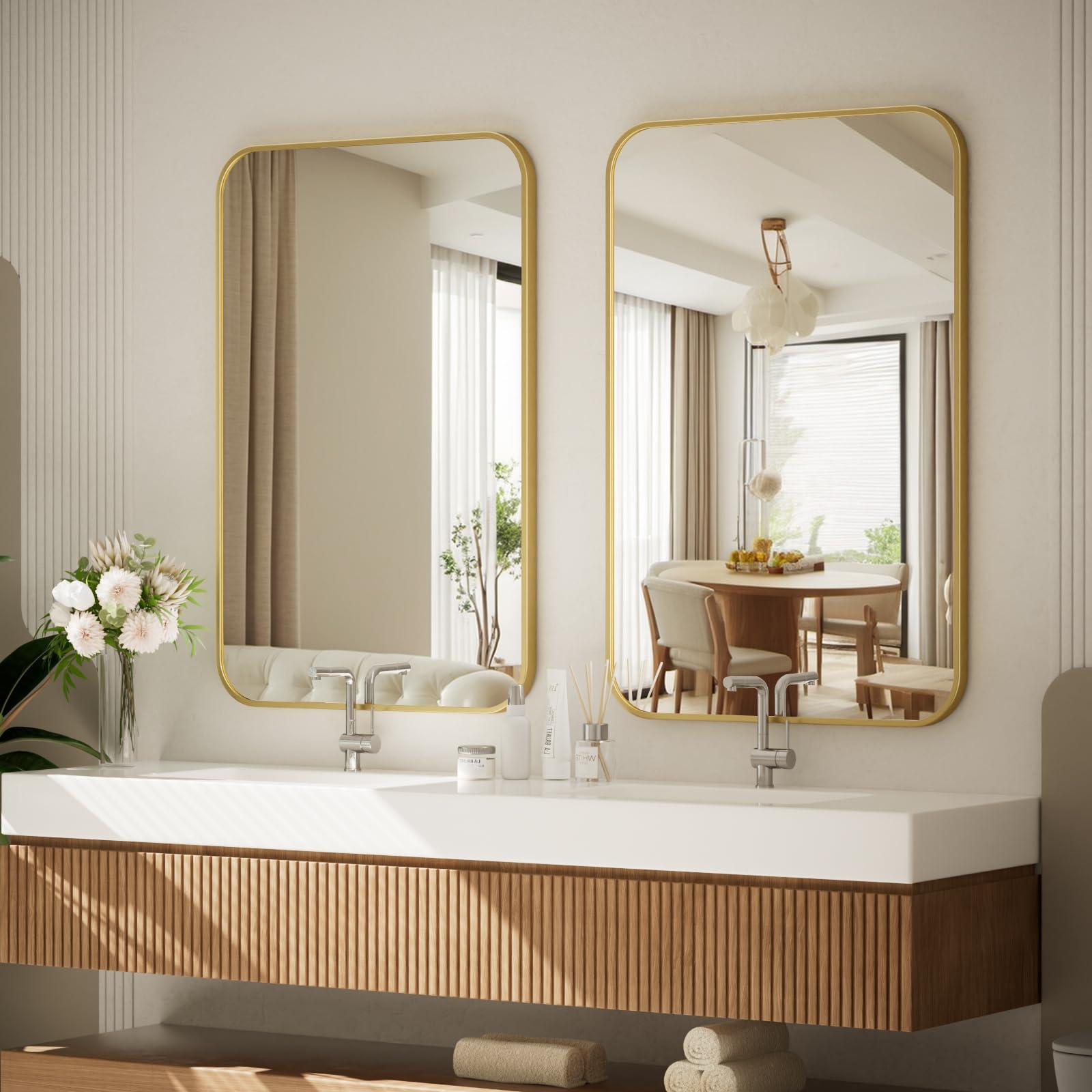 BEAUTYPEAK BEAUTYPEAK 26" x 38" Rectangular Aluminum Alloy Frame Wall Mounted Bathroom Mirror with Rounded Corners, Gold