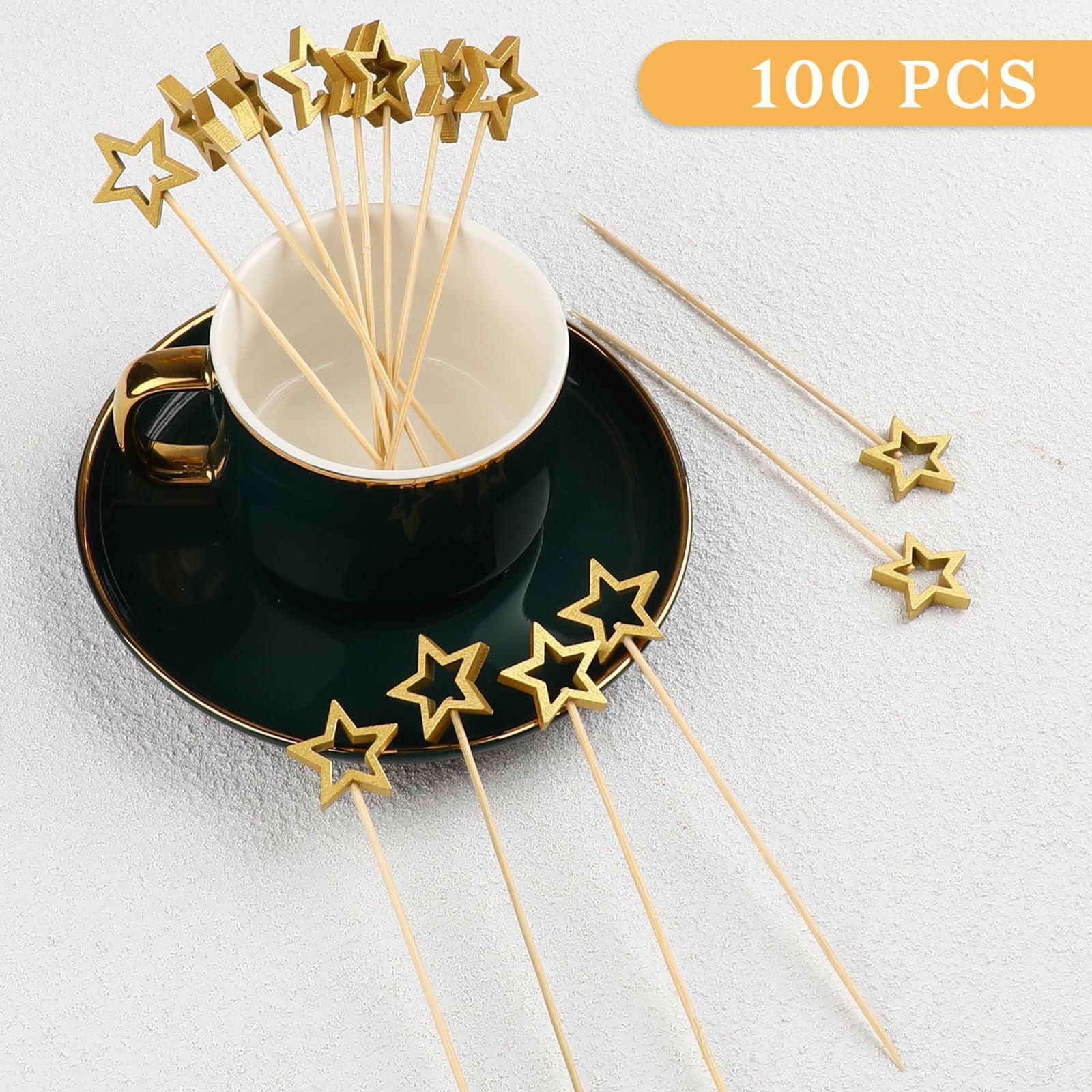 Aiyorse 100PCS Gold Star Bamboo Cocktail Picks, 5.5 Inch Christmas Fancy Toothpicks for Appetizers, Decorative Cocktail Picks for Party Decoration, Appetizer Skewers for Charcuterie Drinks Desserts Fruit