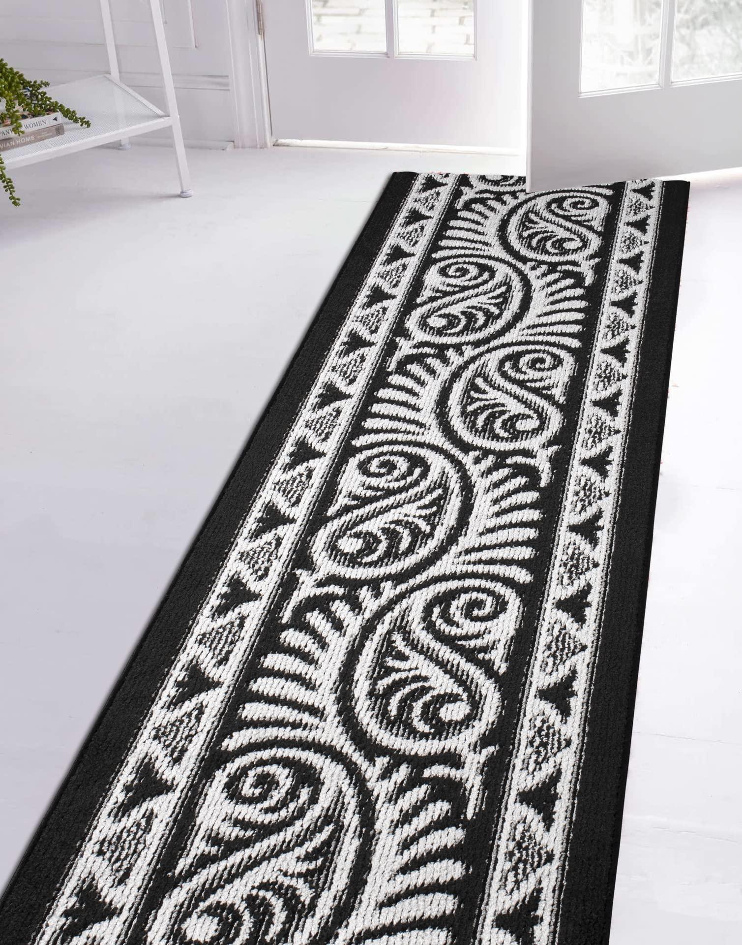 REMNAZ HOME DECOR Custom Length Cut to Size Tribal Ethnic Southwestern Inspired Hallway Runner Rug, Non Slip Rubber Backed, 31 inch Wide X Customized Length, Mayan Black, 31 inch X 24 feet