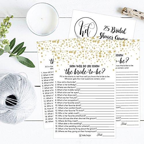 Hadley Designs Hadley Designs 25 Black and Gold How Well Do You Know The Bride to be Bridal Wedding Shower or Bachelorette Party Game, Couples Guessing Question Set of Cards Pack, Printed Engagement