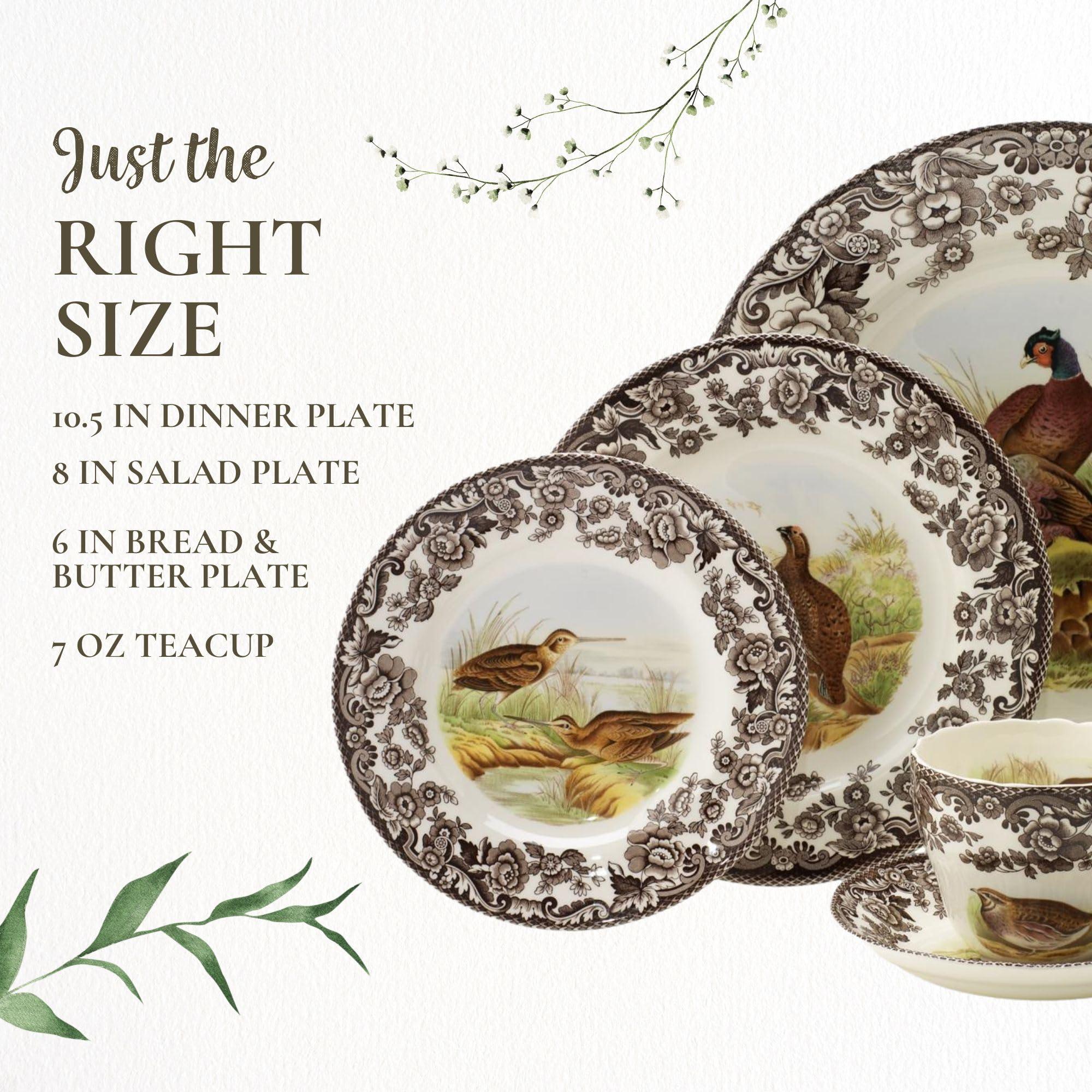 Spode Spode Woodland 5-Piece Thanksgiving Dinnerware Set - Porcelain Plates & Teacup and Saucer, Fall Dinnerware Collection - Microwave & Dishwasher Safe - Elegant Autumn Tableware