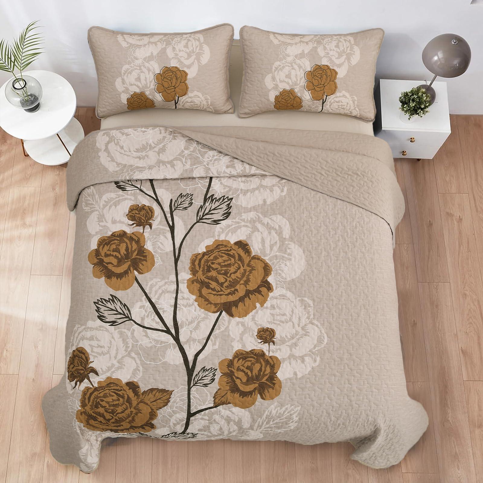 Anibedding Anibedding Floral Quilt Set Queen Size,Elegant Brown Floral Printed Bedspread Coverlet 3 Pieces Soft Microfiber Bedding Set with 2 Pillowcases for All Season(96\"90\")