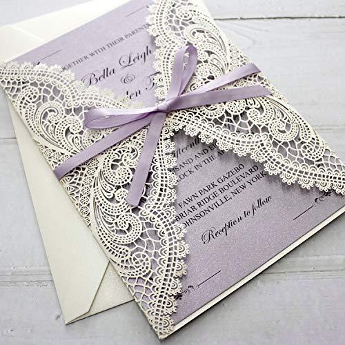 Picky Bride Picky Bride 25-Pack Lavender Purple Wedding Invitations with Ribbon Bow and Envelopes, 5x7 Invite Cards for Wedding/Bridal Shower/Birthday Party, 125 x 185mm (Purple)