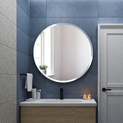 Fab Glass and Mirror Fab Glass and Mirror Frameless Round Safety Backing 1" Beveled Edge Mounted with Hooks-Wall Mirror for Bedroom, 30" x 30", White
