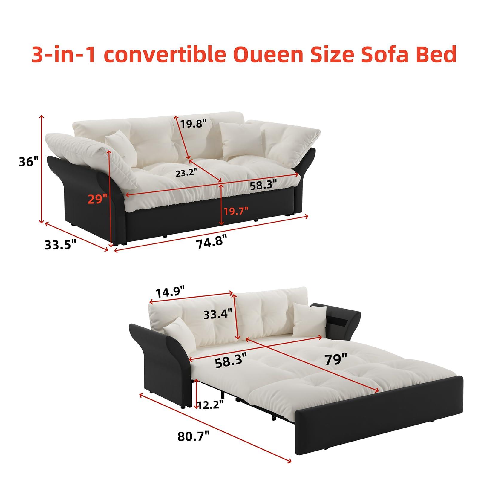 CAPCAEK CAPCAEK 74.8" Queen Pull Out Sofa Bed, Luxury Velvet Convertible Sleeper Couch Futon, Comfy Cloud Pullout Couches,Loveseat Recliner for Living Room Office RV Small Places (Beige, 74.8'')