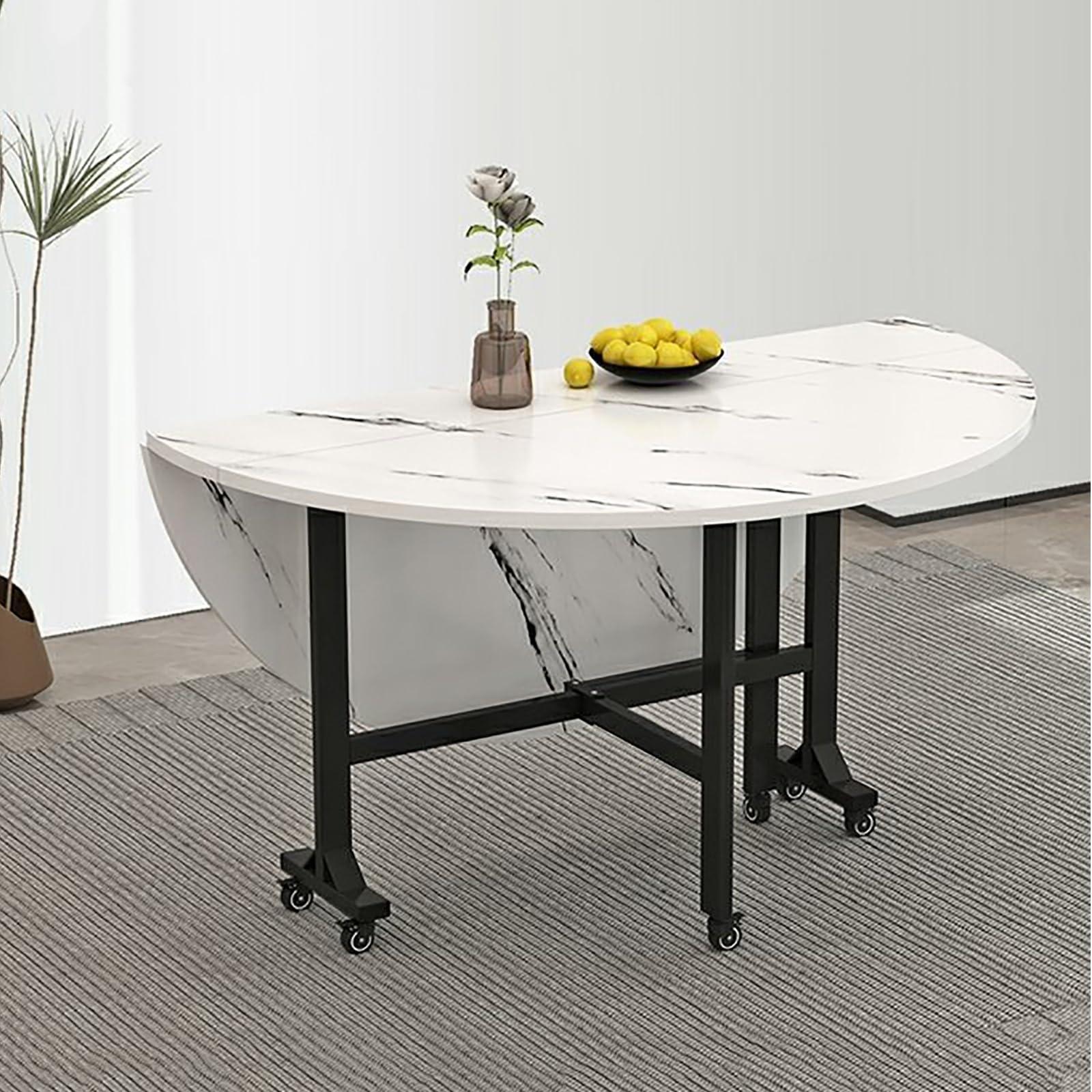 Cxlly Saving Folding Dining Table,Round Drop Leaf Kitchen Dining Room Tables, Universal Wheel with Brake for Kitchen Home Party (Color : White a, Size : 100cm/39.4in)