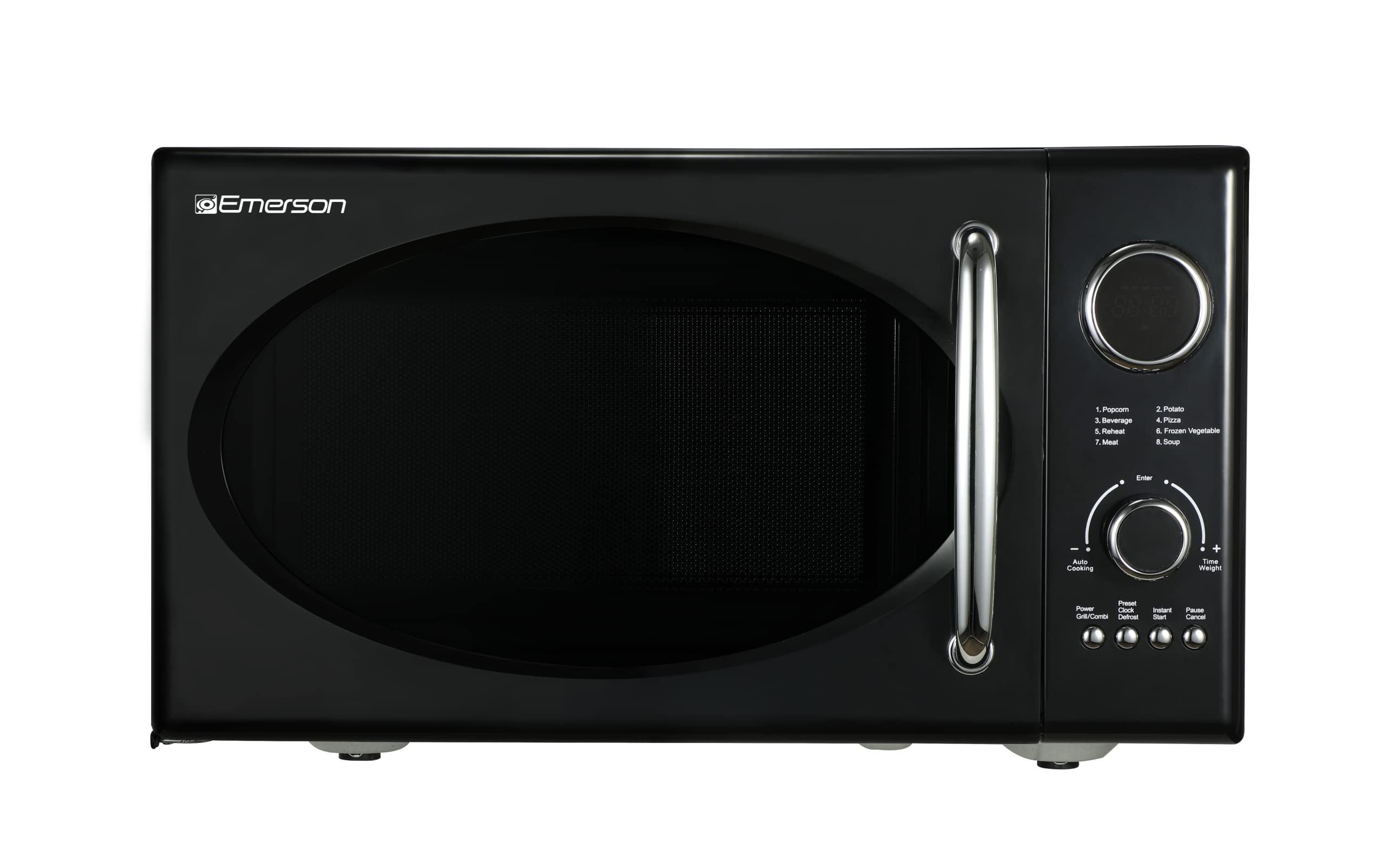 Emerson Emerson MWRG0901BK Retro Compact Countertop 800W Microwave Oven with 1,000W Grill Function, LED Display, 5 Power Levels, 8 Auto Menus, Glass Turntable and Child Safe Lock, 0.9 Cu. Ft., Black