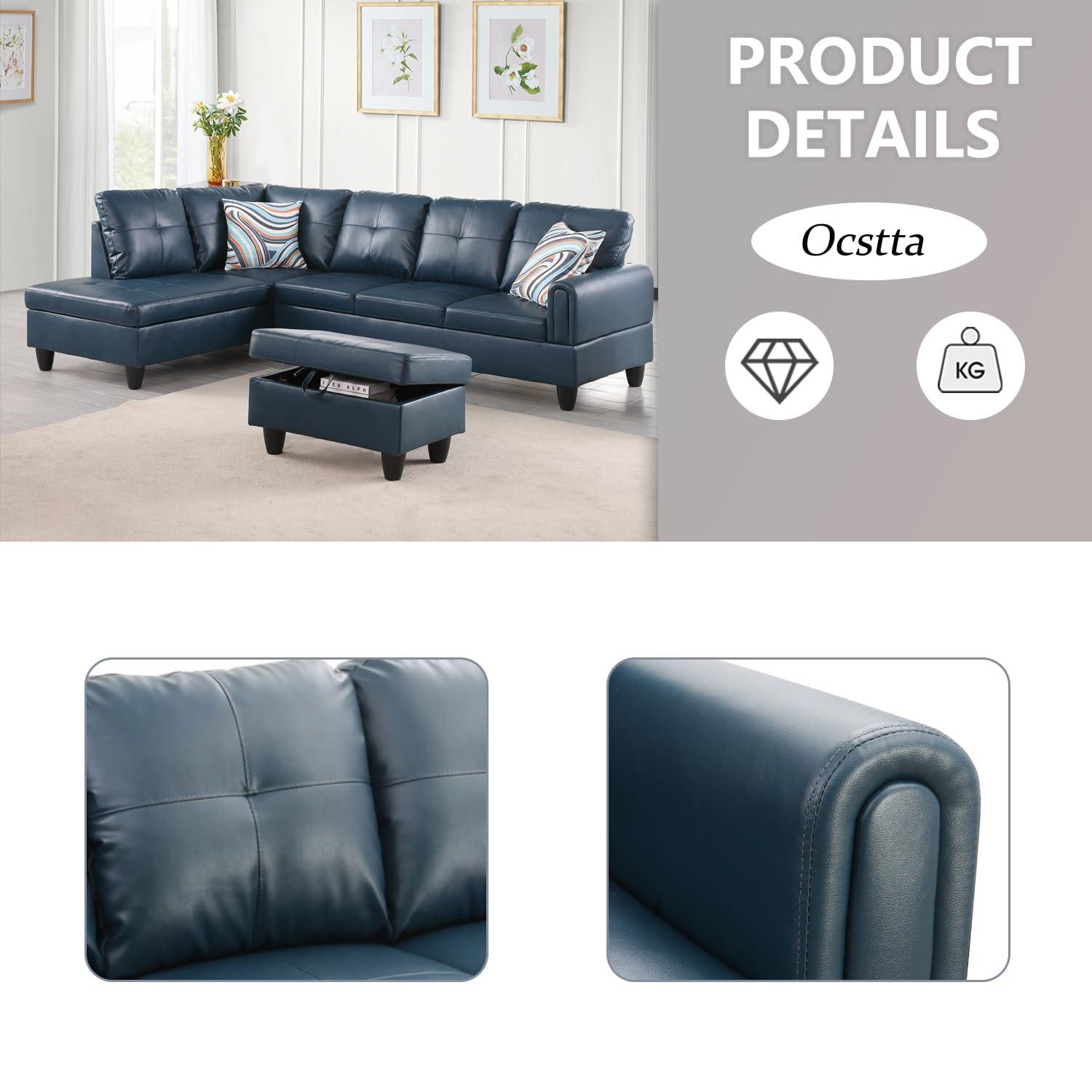 Ocstta Sectional Sofa Set Faux Leather Couch, L Shape Couch for Living Room, Sectional Couch Living Room Furniture Set with Ottoman (Left Hand Facing, Denim)
