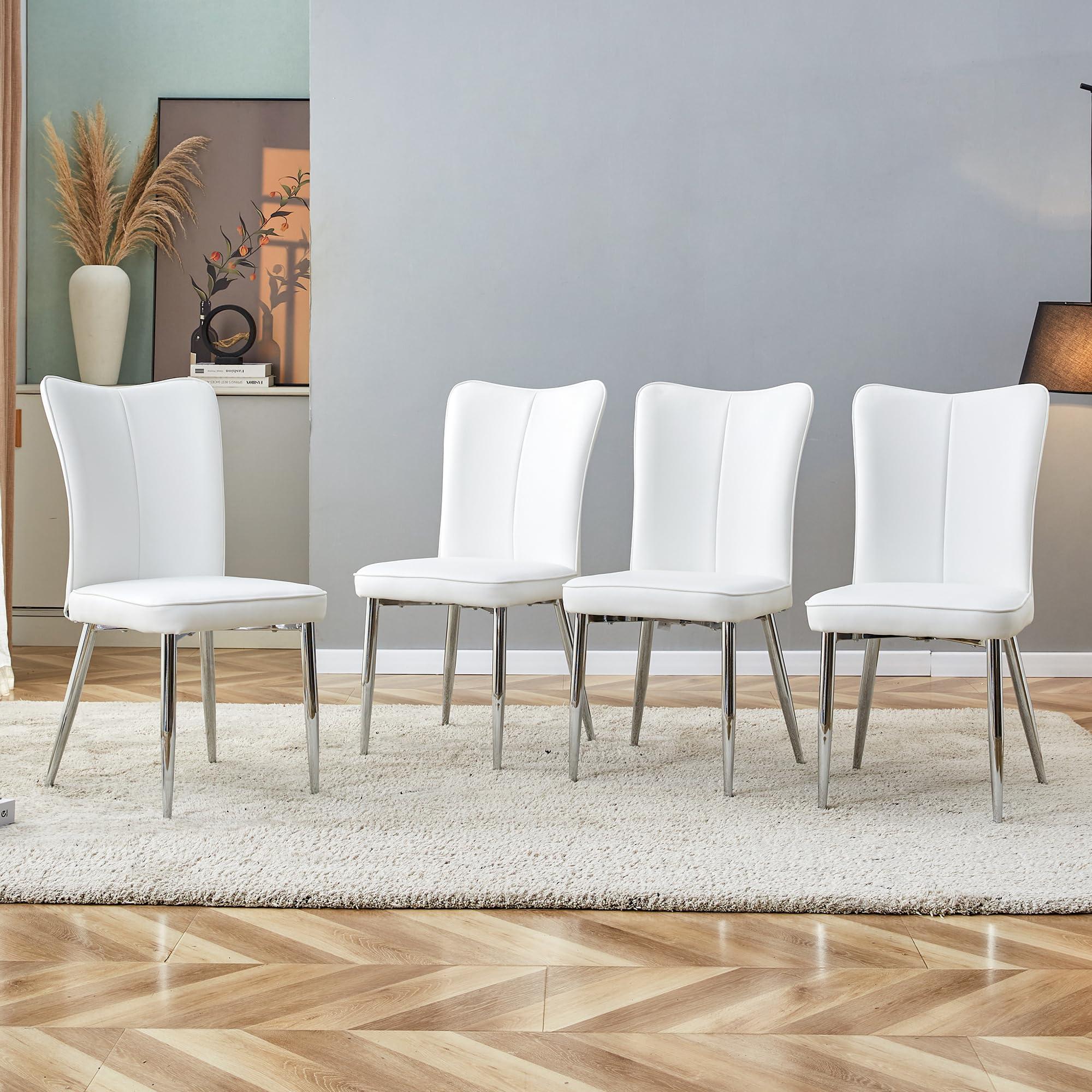 TOWIBURO White Dining Chairs Set of 4,Kitchen Dining Room Chairs with Faux Leather Padded Seat High Back with Silver Metal Legs,Mid-Century Accent Side Chair for Living Dining Room (White&Silver-A, Set of 4)