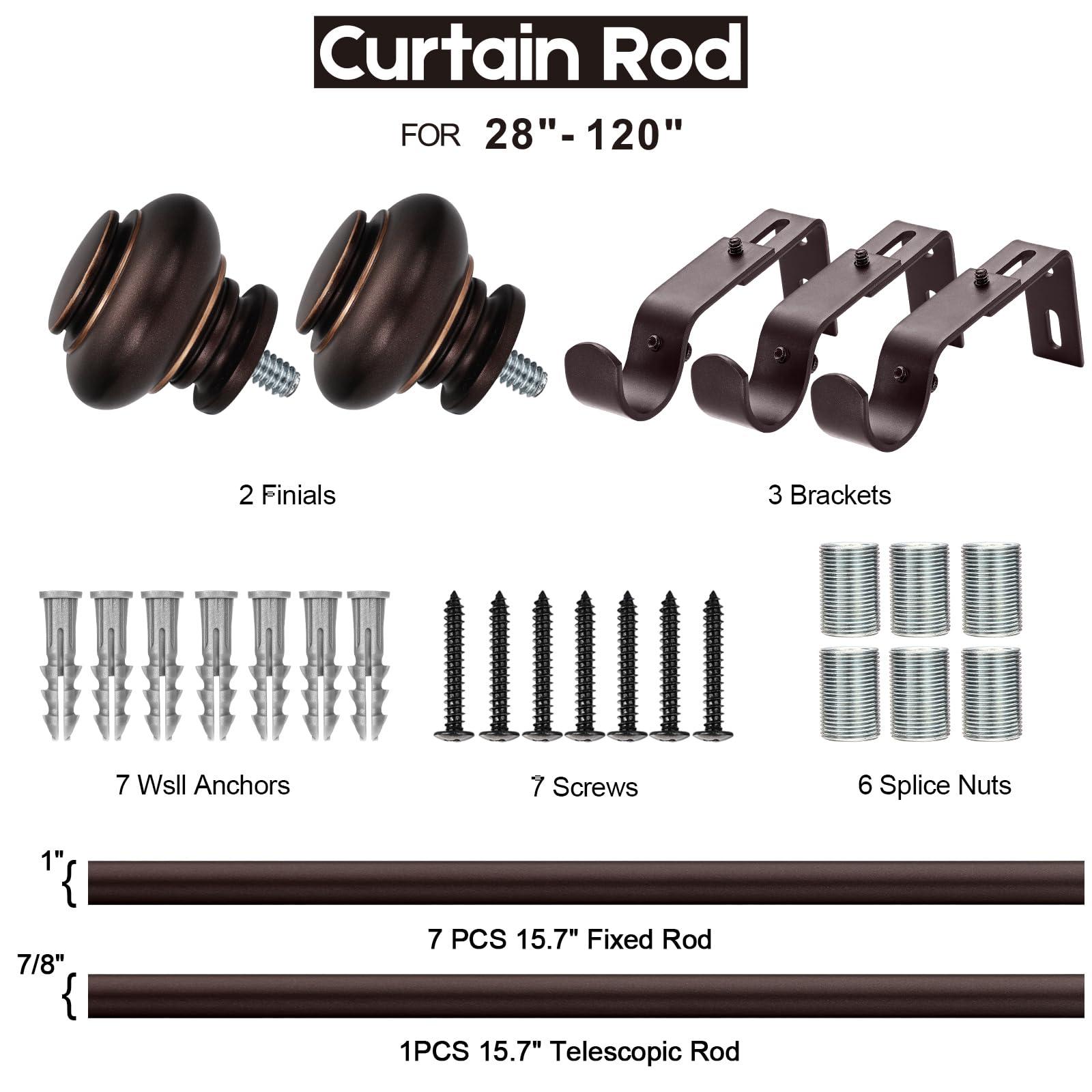 SIMEWIN SIMEWIN Bronze Curtain Rods for Windows 66 to 120 Inches Adjustable Decorative 1 Inch Diameter Single Window Curtain Rod Set with Classic Finials, Bronze with Gold Finishing