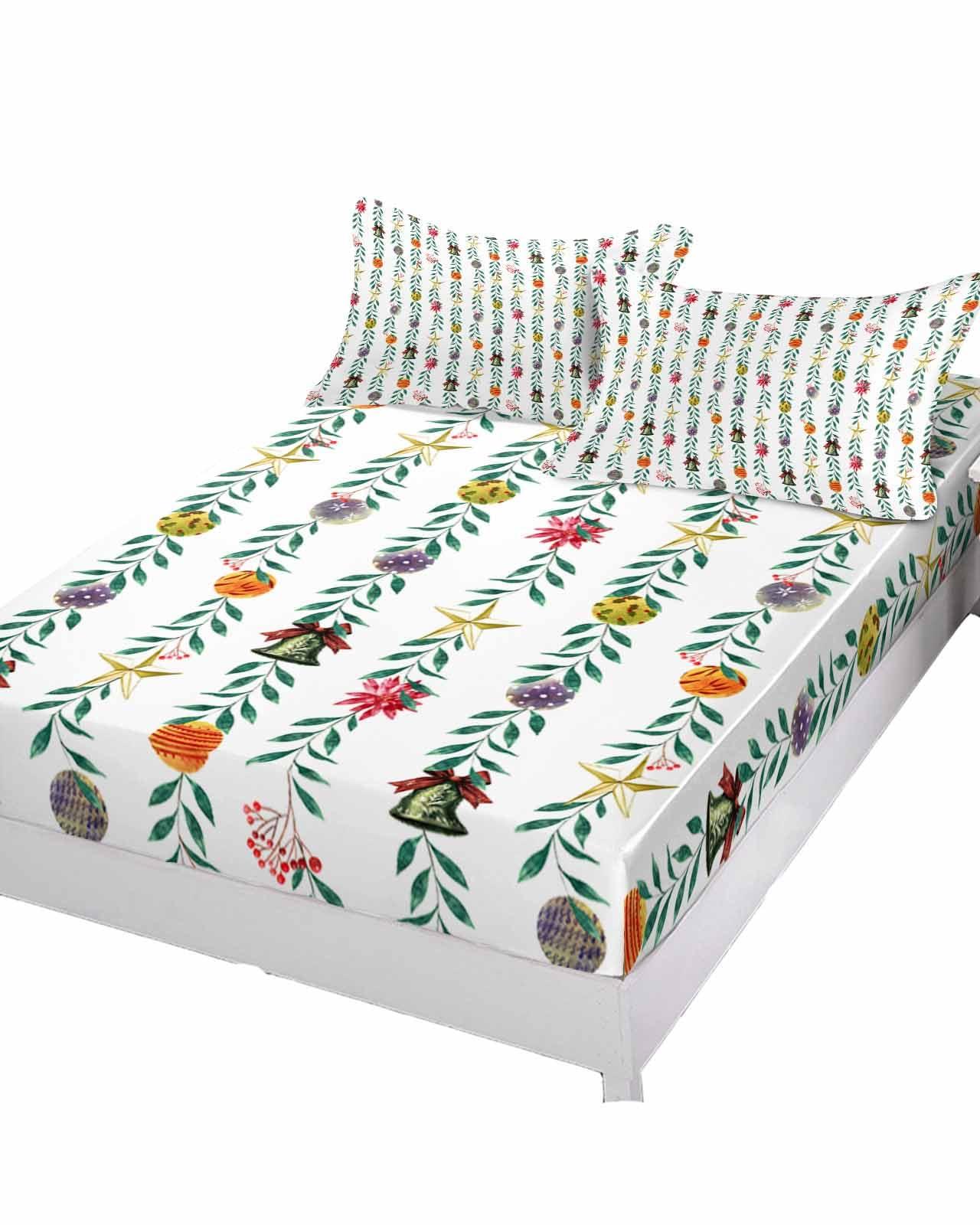 Chees D Zone Twin XL Fitted Sheet Deep Pocket Bed Sheets with Elastic, Christmas Colorful Bell Star Green Leaf Soft Brushed Microfiber Bed Sheet Set, Xmas Ornaments on White Mattress Cover with 2 Pillowcase