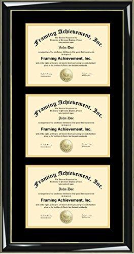 Framing Achievement Inc University Diploma Frame Graduation Triple Degree Frames Diploma Framing Three Certificates Double Matted College University Degree 3 Glossy Majestic Black with Gold Accents Wood Plaque Case Dual License Holder