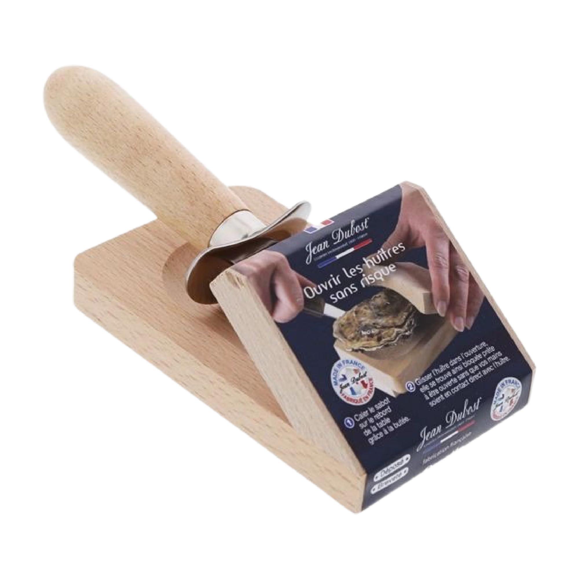 Jean Dubost Jean Dubost Oyster Opener, Olive Wood Handle - Rust-Resistant Stainless Steel - Includes Wooden Board - Made in France
