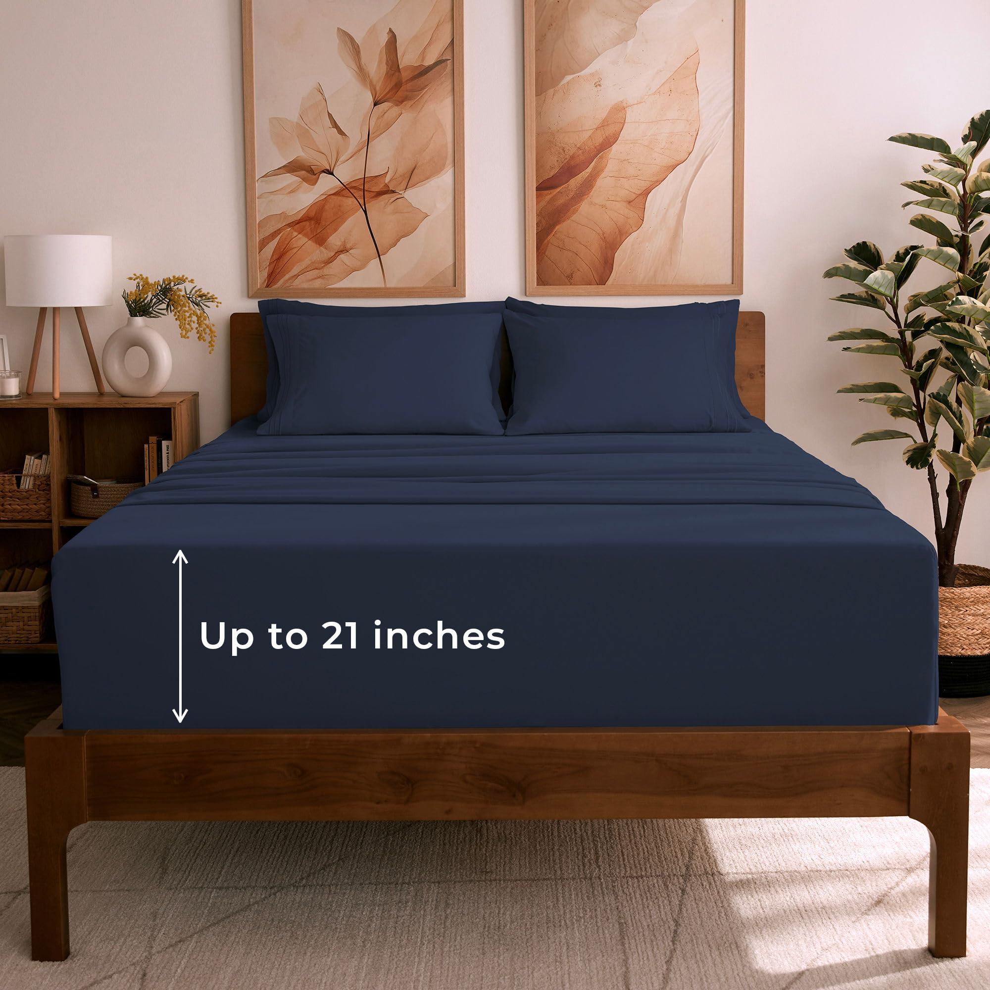 Mellanni Mellanni California King Sheet Set - 6-Piece Iconic Collection Bedding, (Including 4 Pillowcases), 21-Inch Extra Deep Pocket, Easy Care, Ultra Soft, Cooling Sheets, Brushed Microfiber - Navy Blue