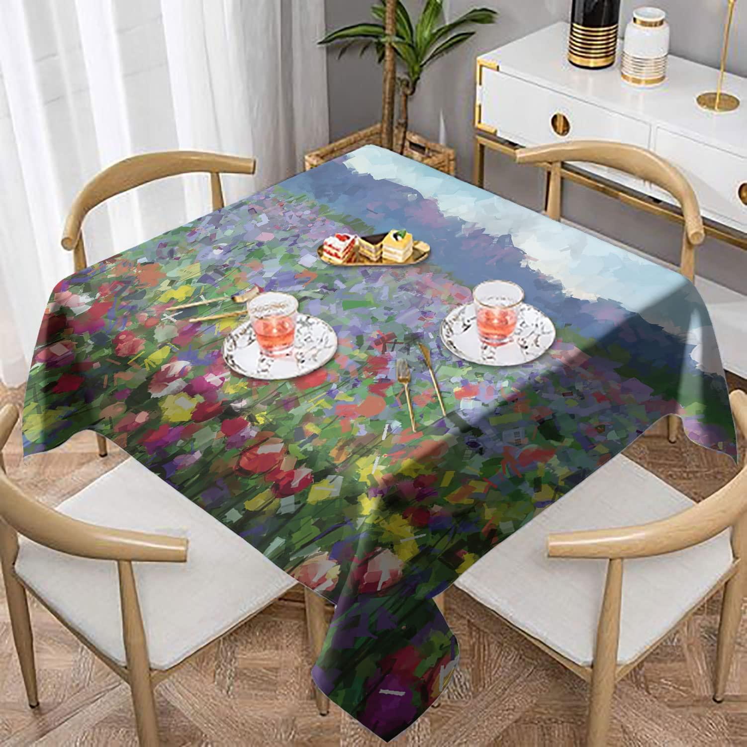 SongYi Spring Square Tablecloth 70x70 Inch, Washable Fabric Table Cloth for Kitchen Dining Camping, Abstract Watercolor Flower Oil Proof Tablecloths, Colorful