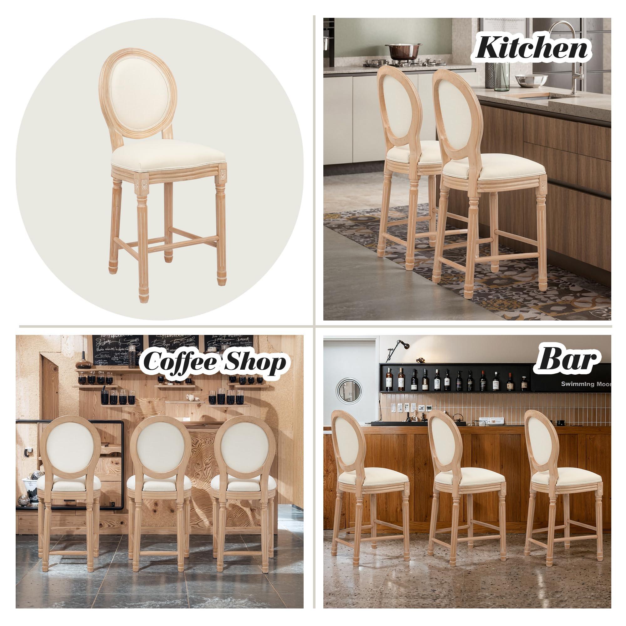 Fashionom Fashionom Barstools Set of 4, Upholstered French Country Bar Stools with Linen Fabric Back, 27 inch Seat Height Counter Chairs with Solid Wood Frame, for Kithcen Dining Room Farmhouse, Beige