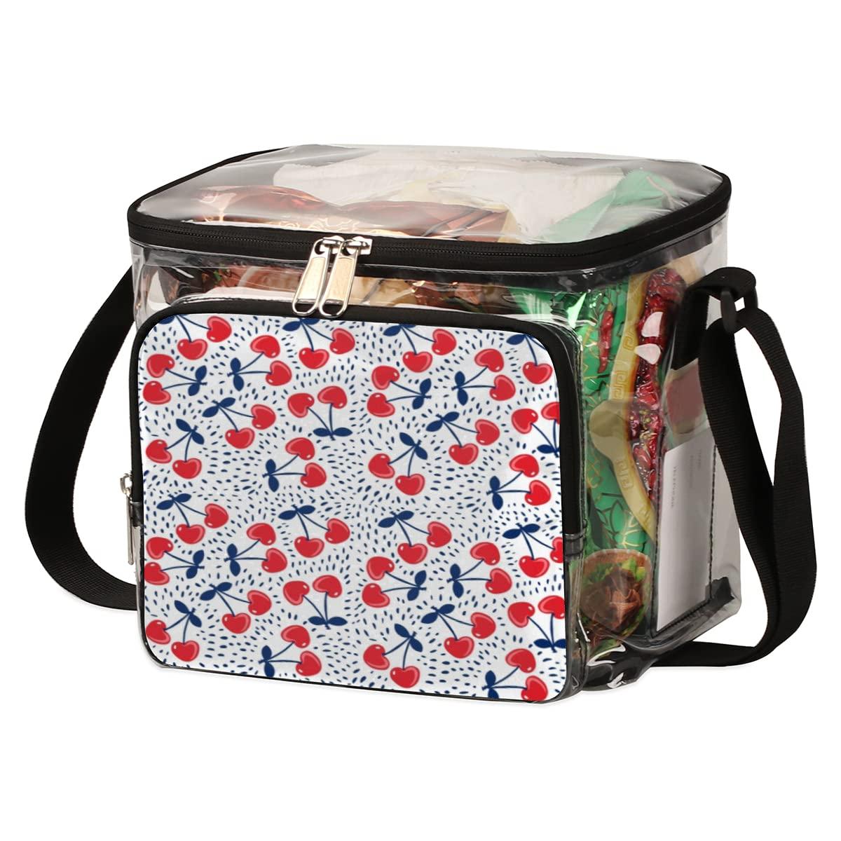 bisibuy bisibuy Cherry Print Clear Lunch Bag Stadium Approved PVC Plastic See Through Lunch box with Adjustable Strap for Sports Events Concerts Office