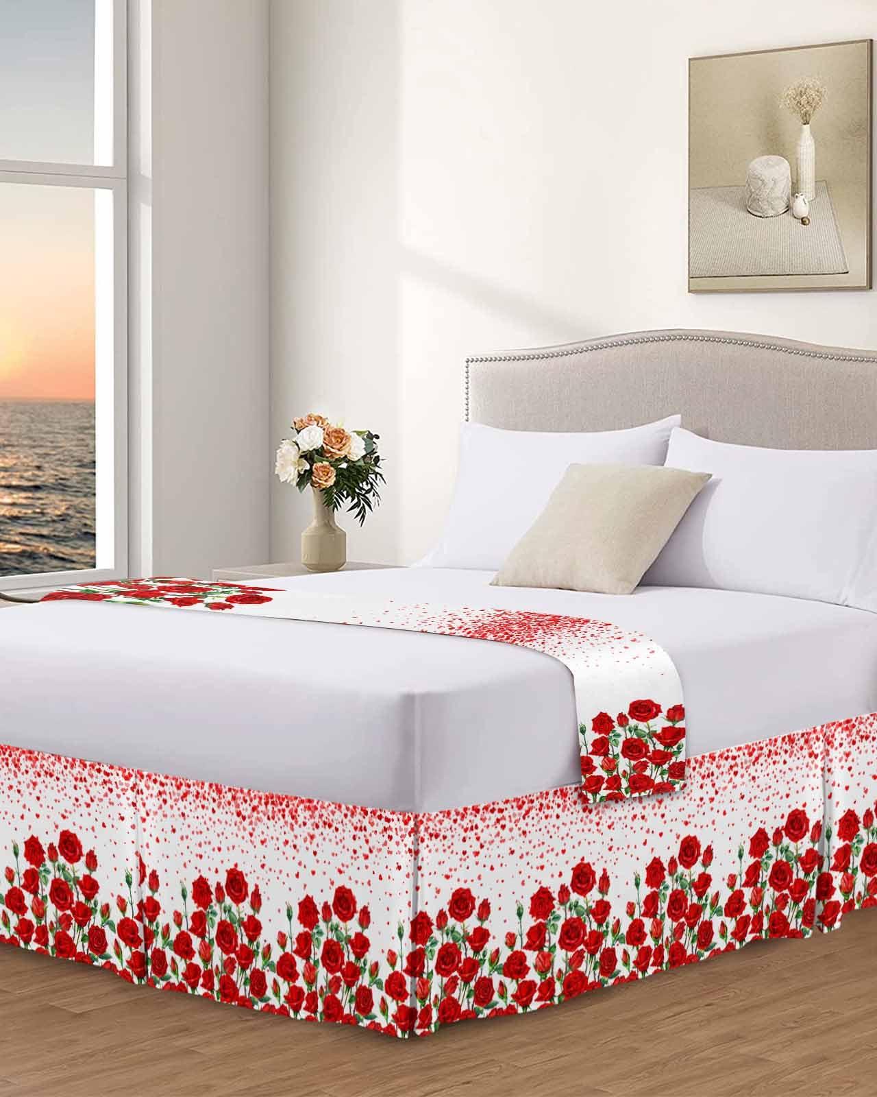 Falaniique Red Rose California King Bed Skirt Pleated Bedding Skirt with Spilt Corners 18\" Tailored Drop Dust Ruffle Easy Fit Breathable Premium Valentine\'s Day Red Flower Spring Plant