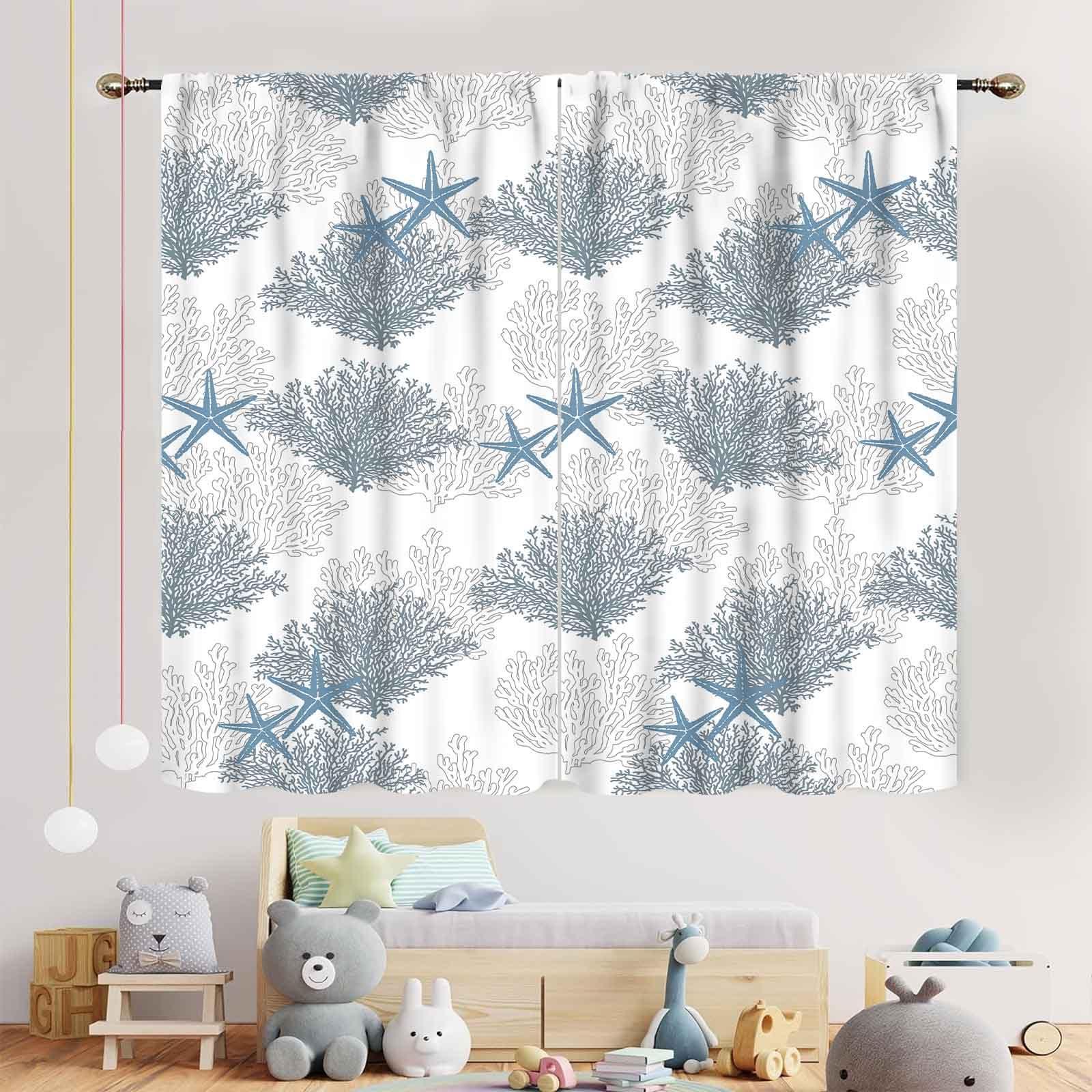 TKUYO Nautcial Starifish Window Curtains, Beach Theme Coastal Seashell Starfish Blue Coral Rod Pocket Drapes for Bedroom Living Room Kids Room Bathroom Kitchen Window Treatments 2 Panel Sets, 63"x63" Inch