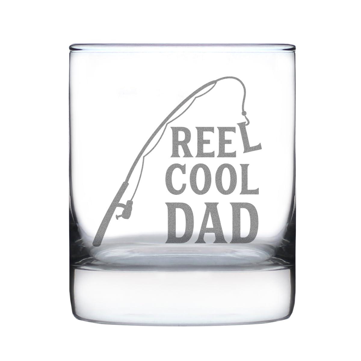 Bevvee Reel Cool Dad - Funny Whiskey Rocks Glass - Fishing Gifts for Fathers - Engraved 10.25 oz Glasses - Fun Fish Cups