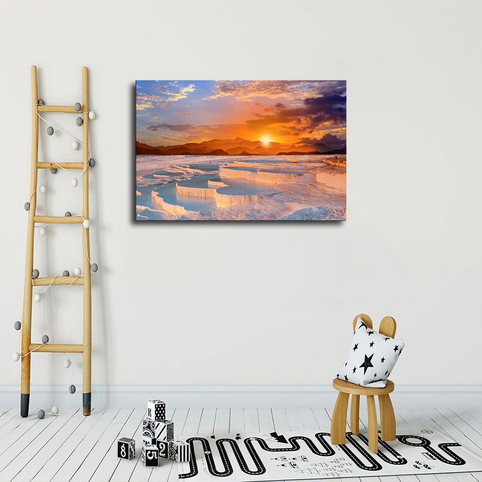 CSYYJY CSYYJY Beautiful sunrise and natural travertine pool terrace in Pamukkale Poster Canvas Printing Wall Art Painting HD Artwork for Bedroom Home Decoration (16x24inch-Framed)