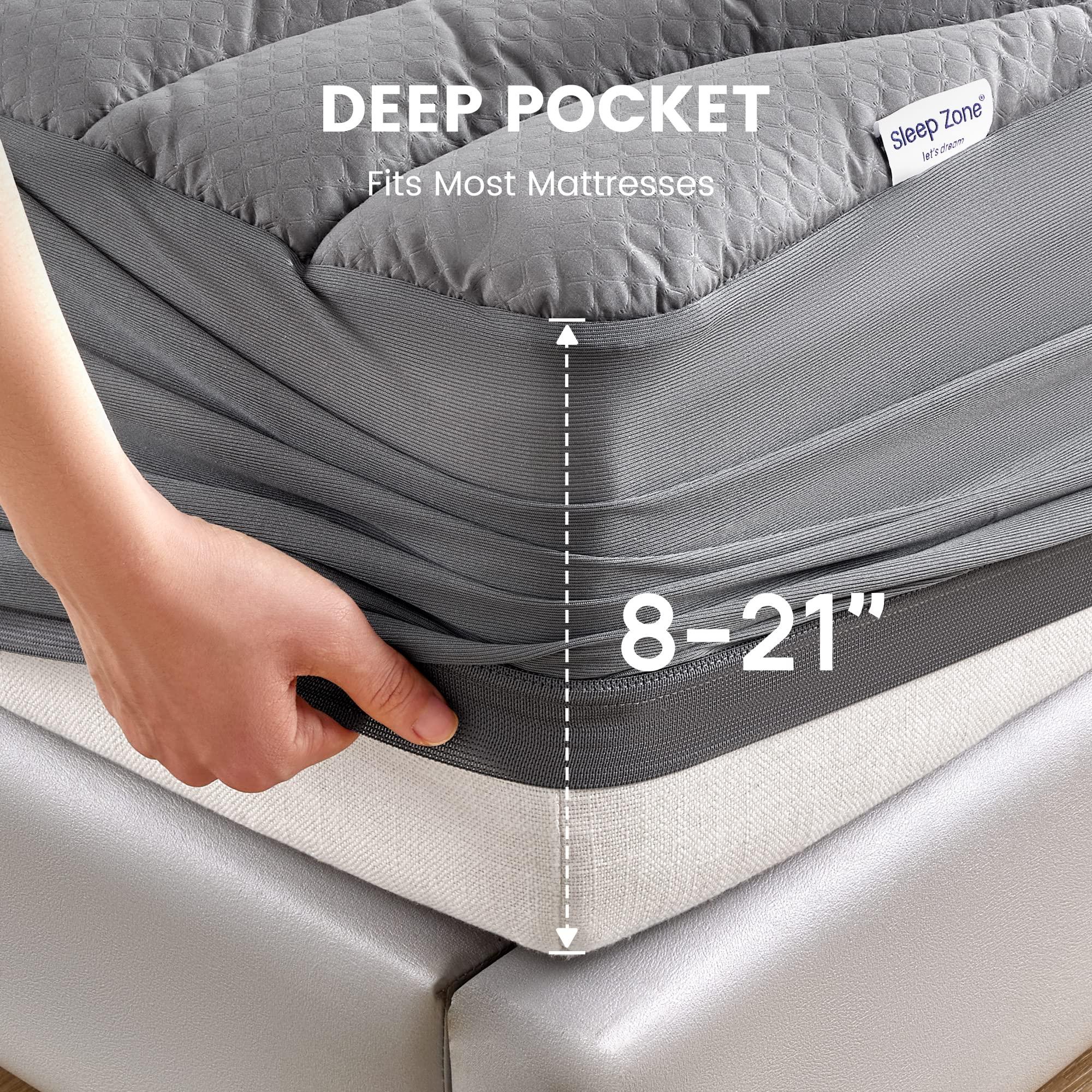 SLEEP ZONE SLEEP ZONE Grey Queen Waterproof Mattress Pad, Premium Soft Embossed Mattress Topper, Quilted Fitted Mattress Protector Cover with Elastic Deep Pocket (Grey, Queen)