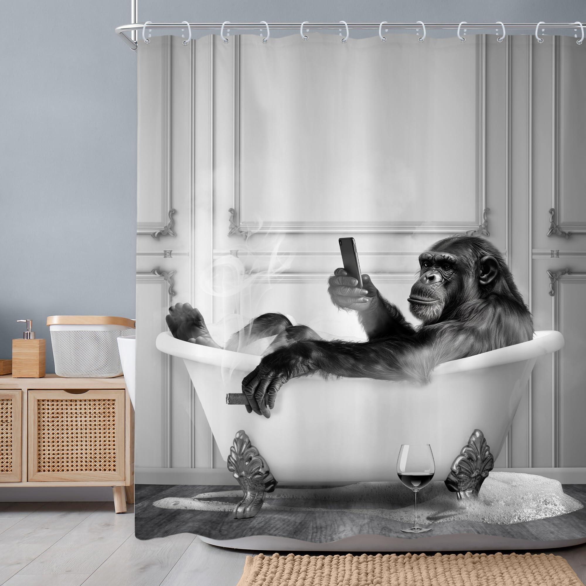 Newsely Newsely Funny Monkey Shower Curtain 60Wx72H Inch Animal Chimpanzee in Bathtub Black White Wildlife Cool Modern Shower Curtain Bathroom Set Boys Men Waterproof Bath Decoration Accessories Home Decor