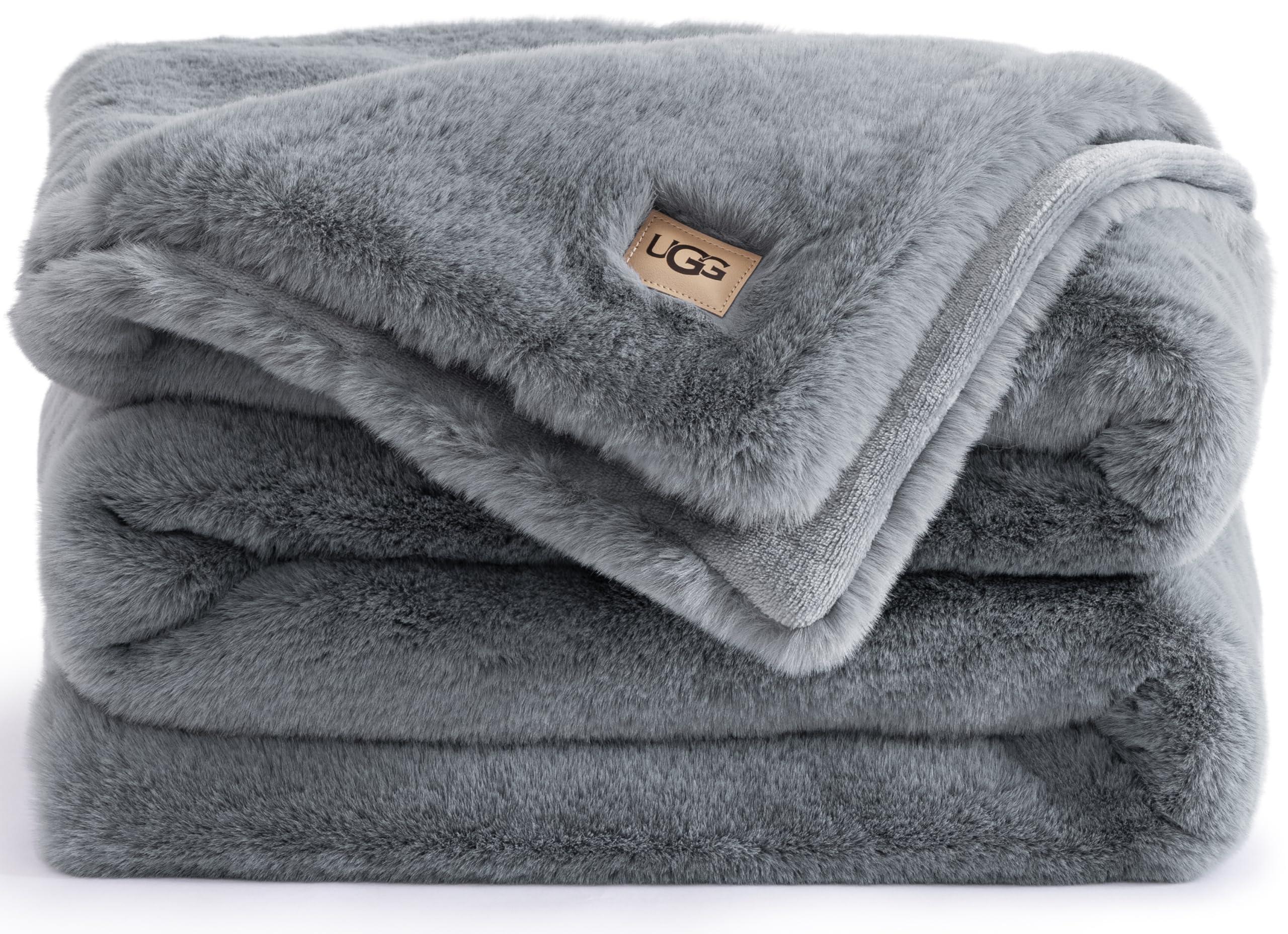 UGG UGG 11069 Euphoria Plush Faux Fur Reversible Throw Cozy Fuzzy Fluffy Blanket for Couch Bed Hotel Style Luxury Machine Washable Home Decor Luxurious Soft Throws for Sofa, 70 x 50-Inch, Chambray