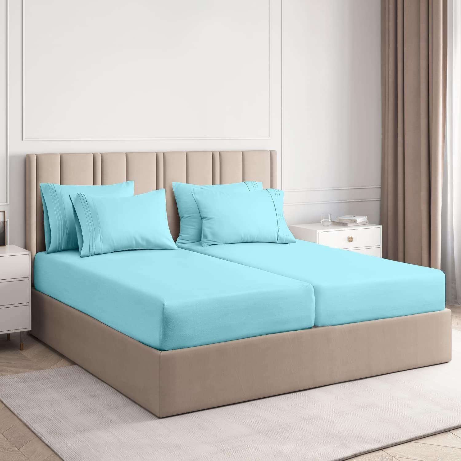 RJ BEDDING RJ BEDDING, Split King Size Sheet Sets, 7Pcs, 100% Egyptian Cotton Luxury Sheet, 800TC, Sateen Weave, Extra Soft, DEEP Pocket 13\" INCH, Wrinkle Free, Breathable, Aqua Blue