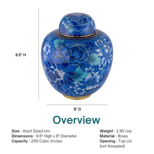 Silverlight Urns Azure Blue Cloisonne Cremation Urn for Ashes, Metal, Blue Enameled Urn, Adult Sized Cremation Urn, 9.5 Inches High