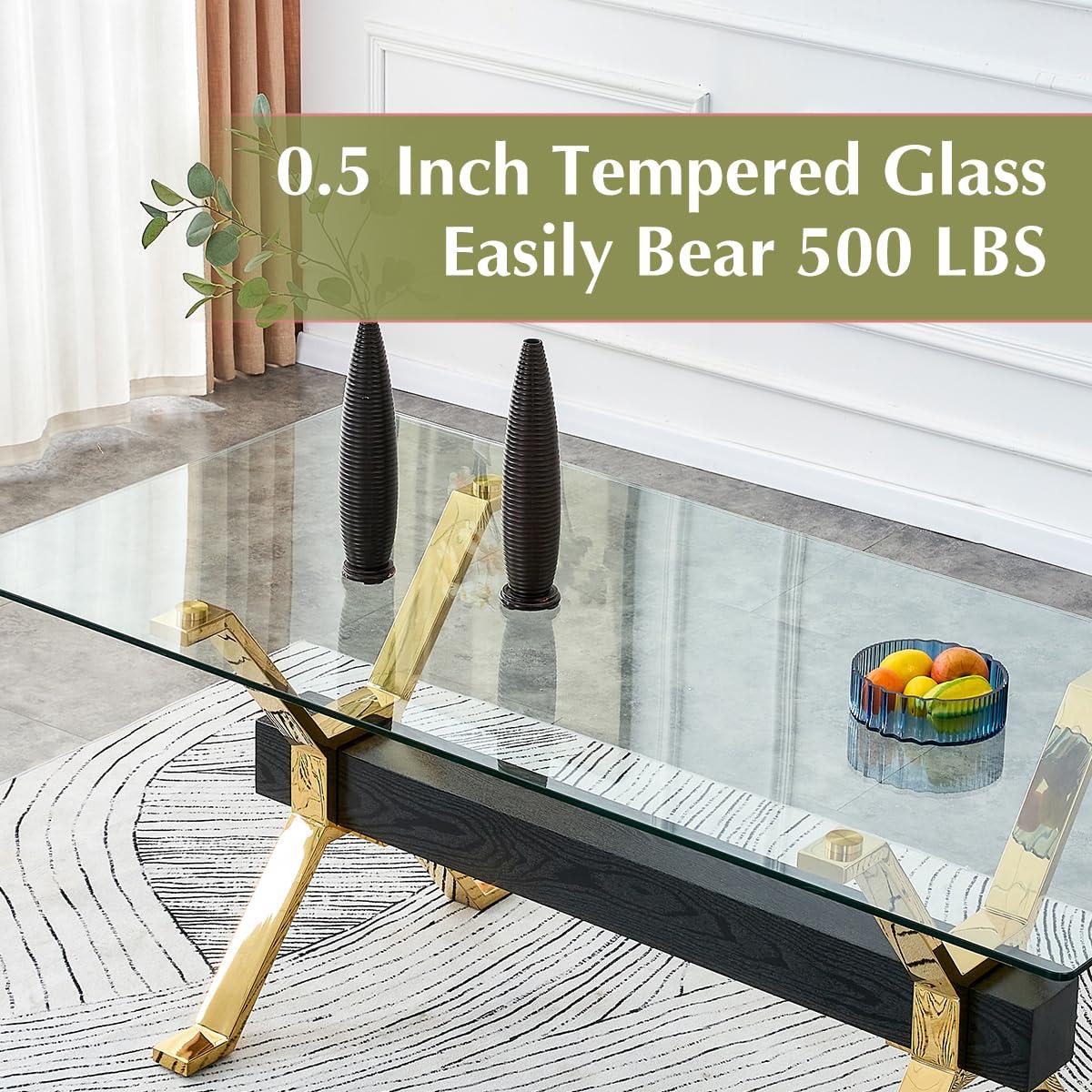 gopop 7 Piece Glass Dining Table Set, Kitchen Table Chairs Set for 6, 79'' Dining Table with 0.5" Tempered Glass Tabletop with Plated Metal Legs and MDF Crossbar, 6 PU Chairs for Dining Room, Kitchen.