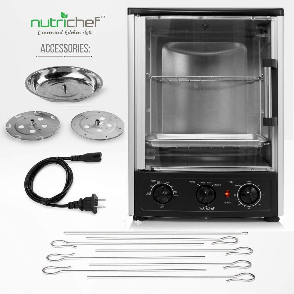 NutriChef Nutrichef Vertical Countertop Oven with Rotisserie, Bake, Broil, & Kebab Rack Functions - Adjustable Settings - 2 Shelves - 1500W - Thanksgiving Turkey - Includes Grill, Kebab skewer racks & bake pan