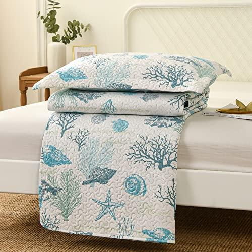 Junsey Junsey 3Pcs Ocean Theme Quilts Set Full/Queen Size Lightweight Coastal Bedding Beach Theme Bedspread Coverlet All Season Nautical Bed Sheet with 2 Pillowshams(Light Blue, Full/Queen)