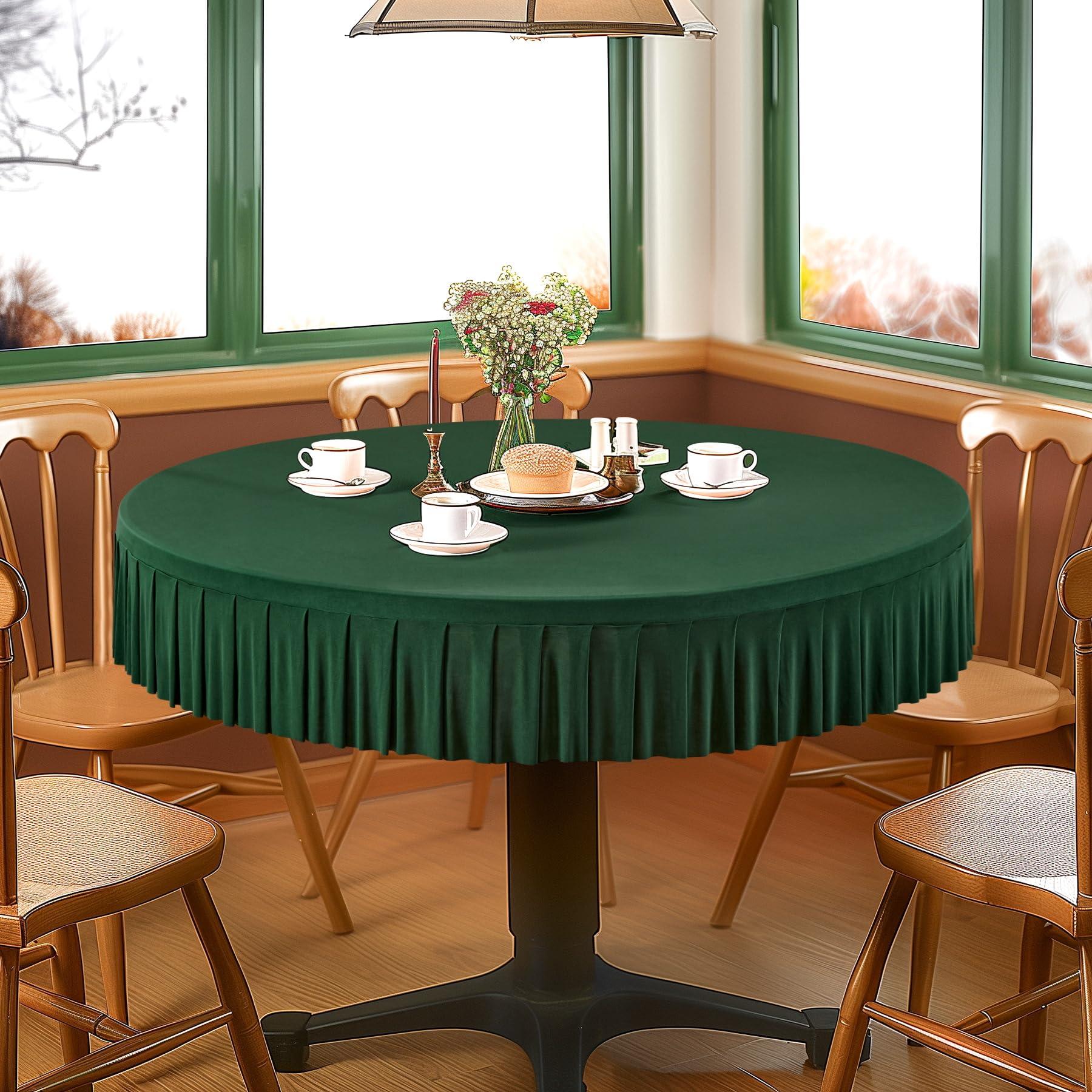 Party Talk 8 Pack Green Spandex Round Tablecloths for 60 inch Table, Stretchy Fitted 5FT Round Table Cloths Wrinkle Free Round Table Covers with Table Skirt for Christmas Wedding Banquet Birthday Party