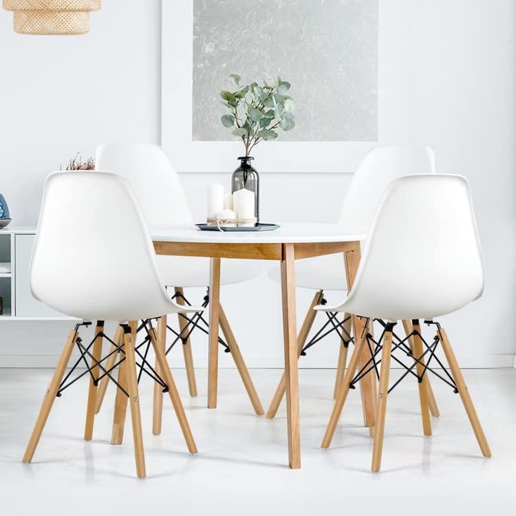 ERGOMASTER ERGOMASTER DSW Chairs Set of 4 Pre Assembled Modern Dining Chair with Sturdy Wooden Legs, Shell Lounge Plastic Chairs for Dining, Kitchen, Bedroom & Living (Set of 4 & White)