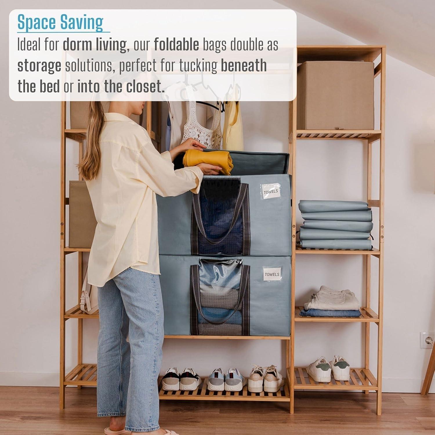 VENO VENO 4 Pack Moving Bags, Moving Supplies, Moving Boxes, College Packing Storage Boxes with Lids Alternative, Heavy Duty Totes, Extra Large, Sturdy Handles, Zipper (Light Blue with Window, 4 Pack)