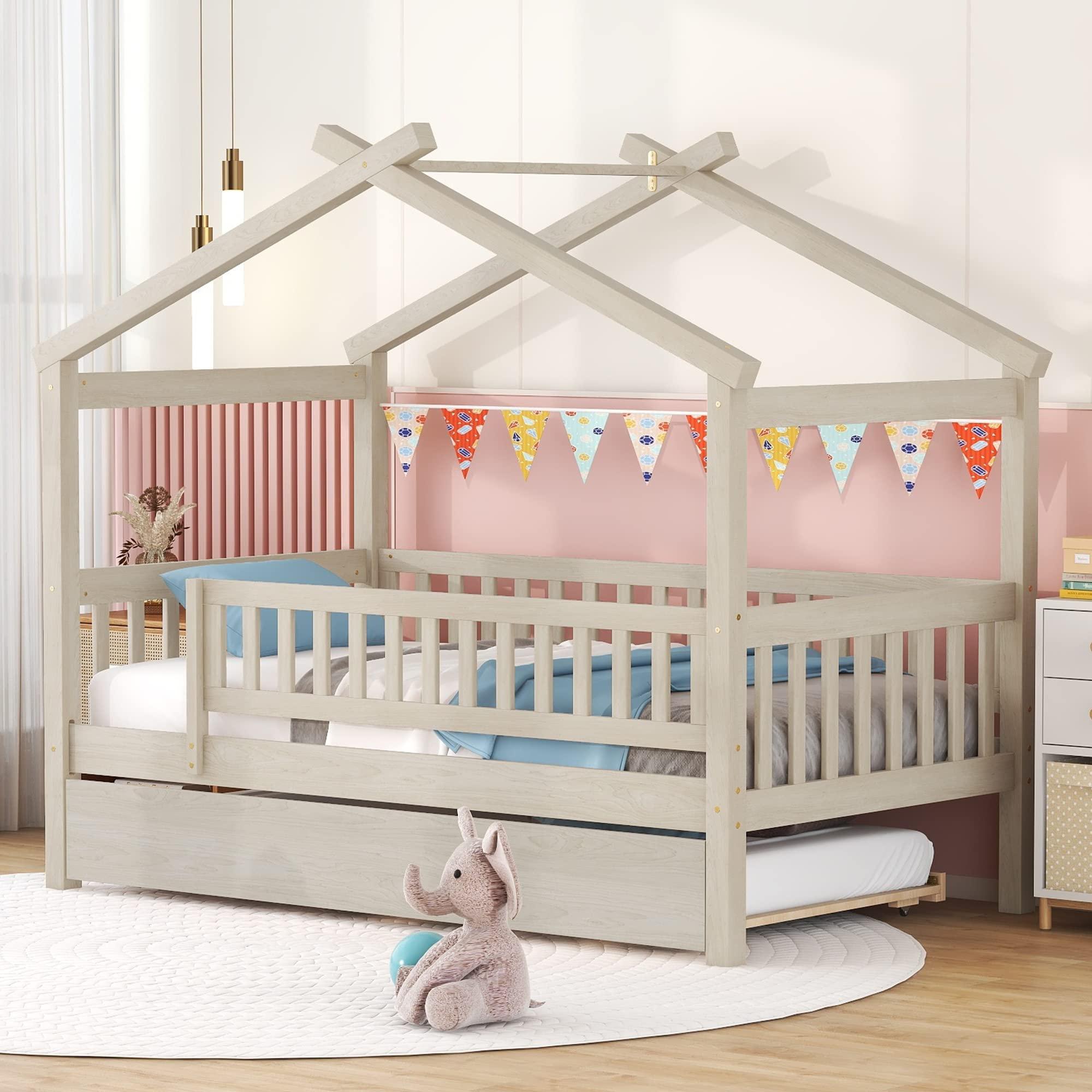 Yoglad Yoglad Twin Size Wooden House Bed with Twin Size Trundle and Fence-Shaped Guardrail, House Bed Frame Can Be Decorated Wood Playhouse for Girls, Boys (Natural)