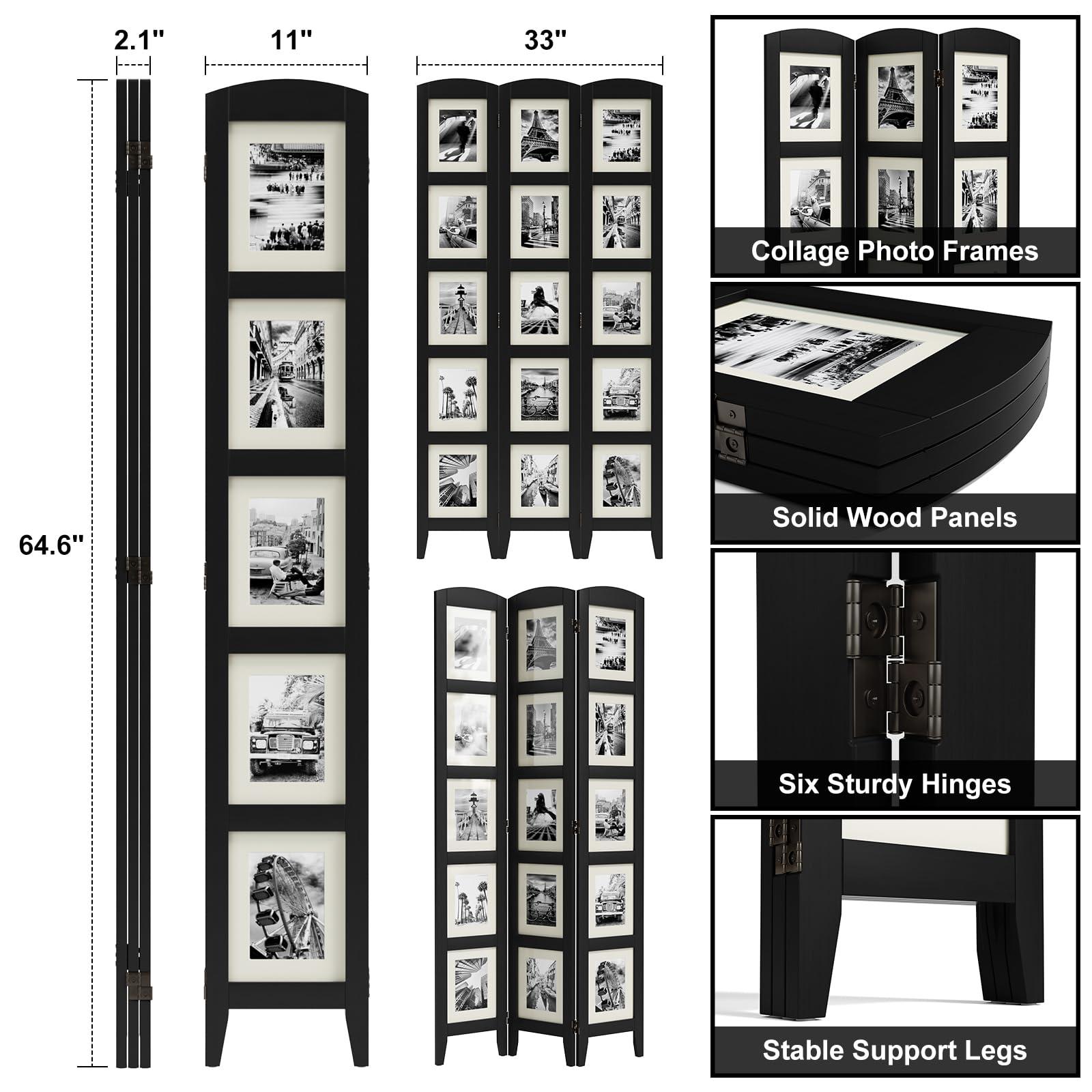 SZQINJI SZQINJI 3 Panel Photo Room Divider Screen, Solid Wood Divider for Room Separation for 8x10 Picture Frame Without Mat for 5x7 Photo with Mat, Black