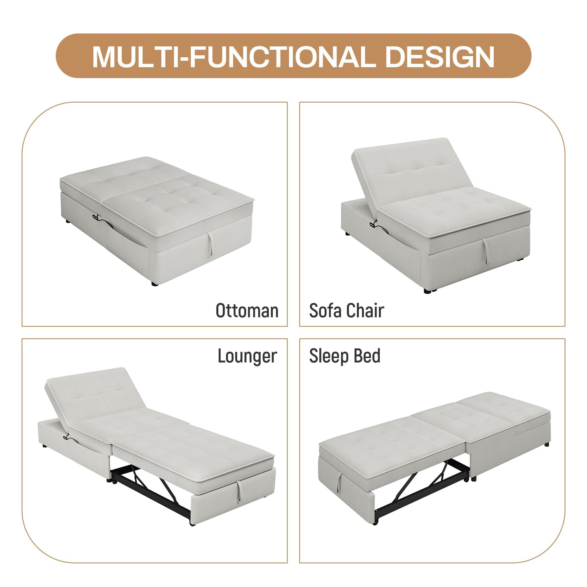 Hlcodca Hlcodca Folding Ottoman Sleeper Chair Bed with Mattress, Multi-Function Folding Ottoman Bed with Storage Pocket and USB Port for Small Room Apartment,Living Room,Bedroom (Beige-003)