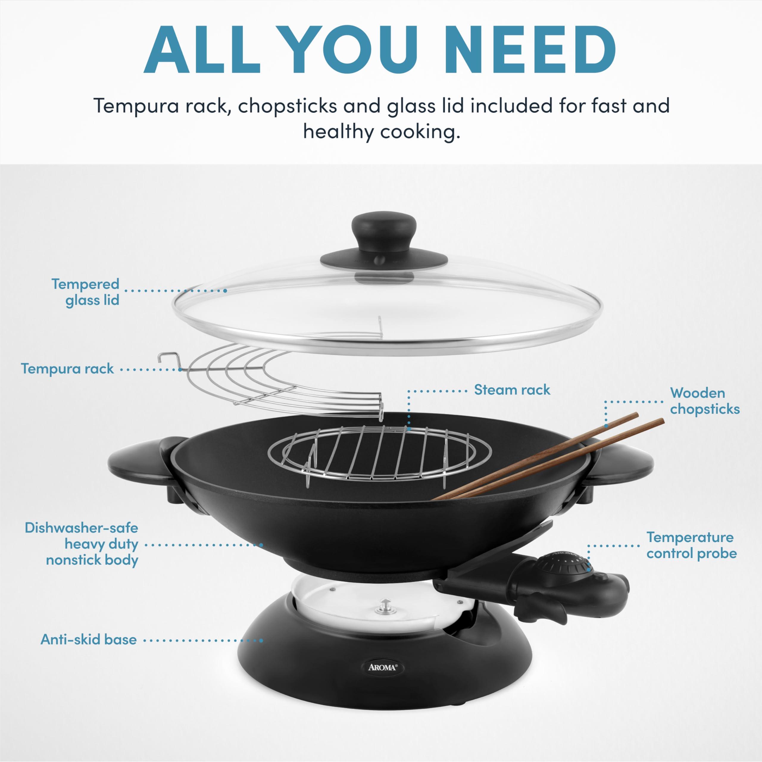 Aroma Housewares Aroma Housewares AEW-306 Electric Wok with Tempered Glass Lid Easy Clean Nonstick, Cooking Chopsticks, Tempura and Steaming Racks, Professional Model, Black