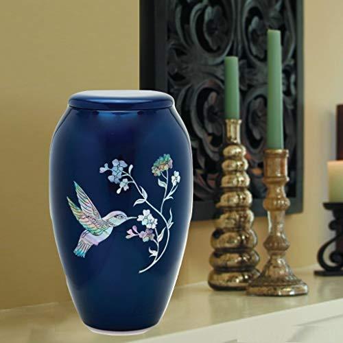 Trinityurns Blue Hummingbird Mother of Pearl Inlaid Metal Cremation Urn and Velvet Bag