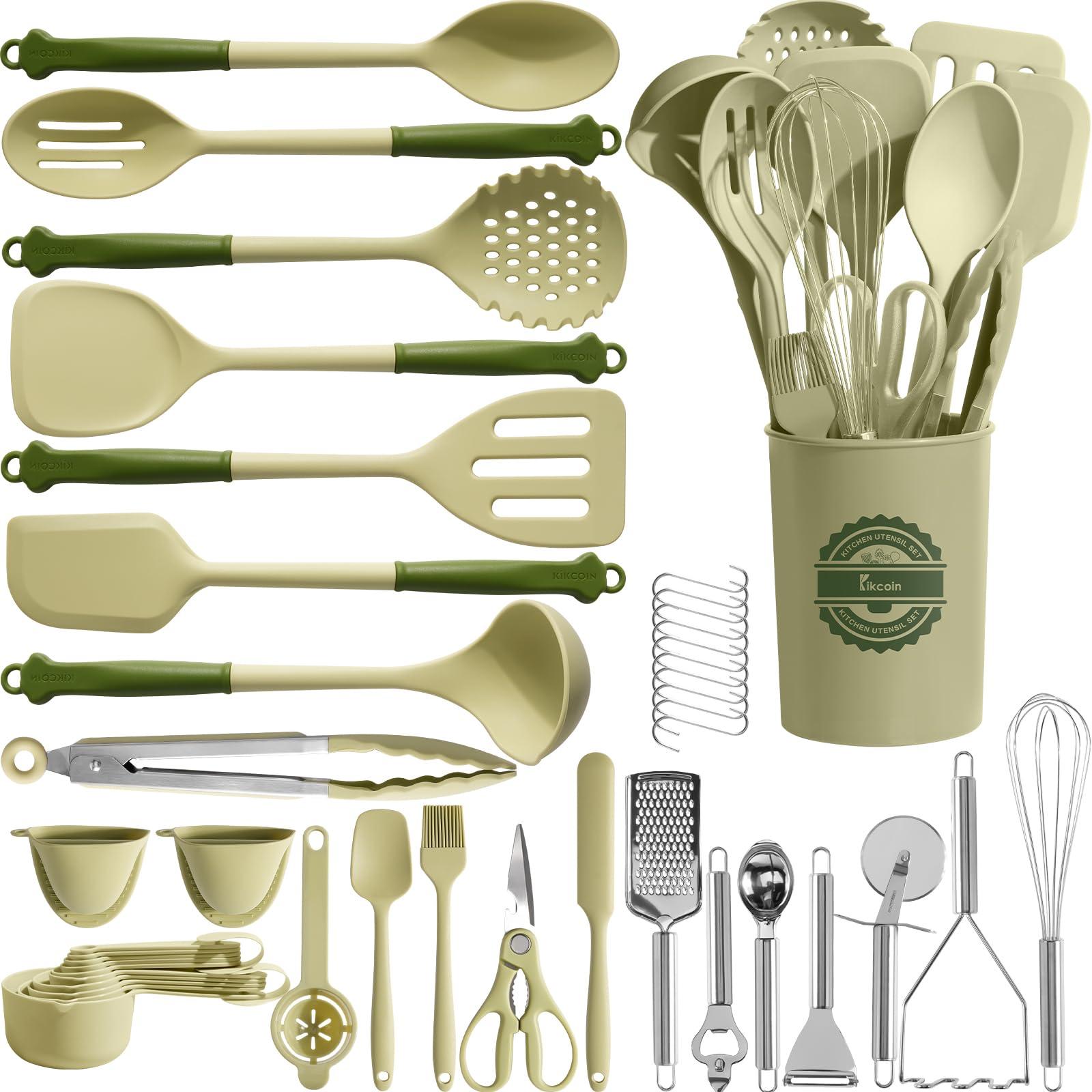 Kikcoin Kikcoin 43Pcs Kitchen Utensils Set - Silicone Cooking Utensils Set, Dishwasher Safe Spatula Set for Non-stick Cookware, 446F Heat Resistant Kitchen Utensils Set with Holder BPA Free, Avocado Green
