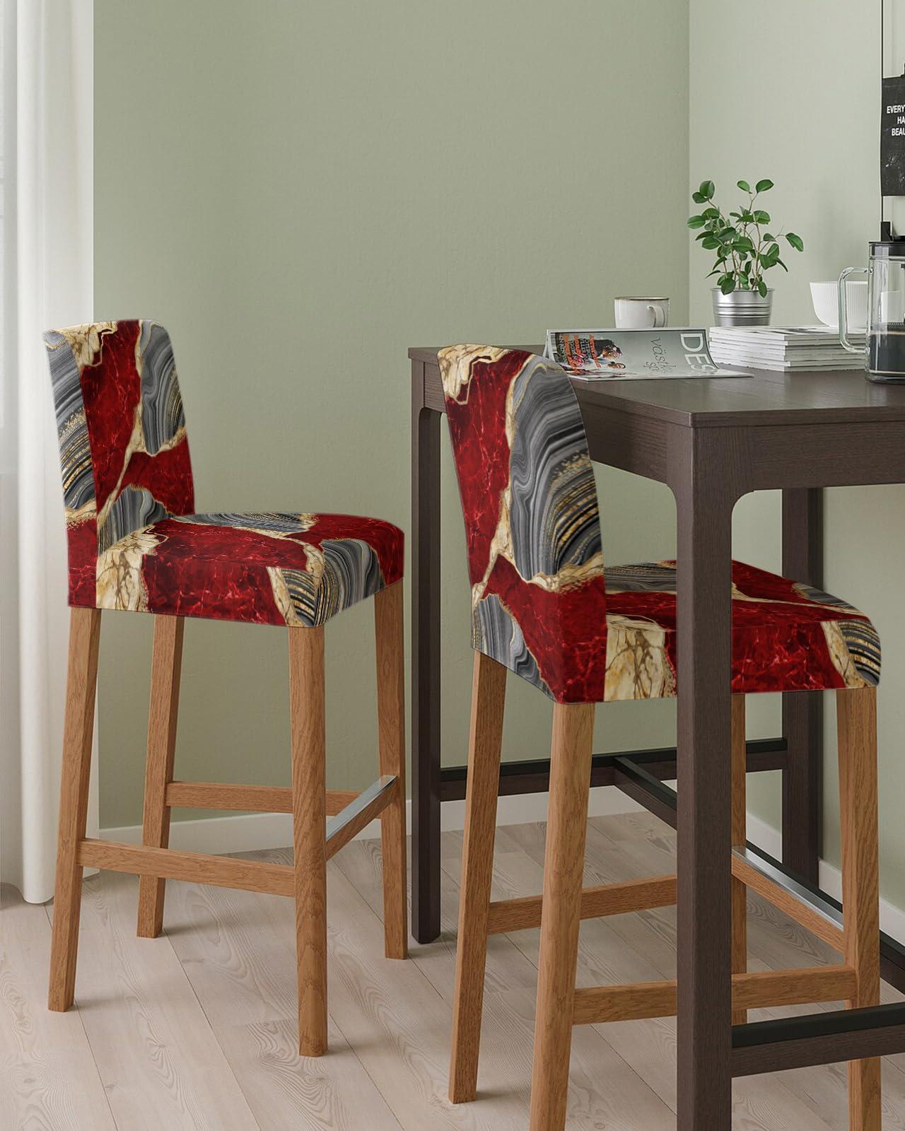 PIEPLE PIEPLE Red Marble Bar Stool Cover Set of 4, Modern Yellow Grey Ink Painting Abstract Art Stretch Removable Bar Stool Chair Covers with Backs Pub Counter Stool Chair Slipcover for Dining Room Cafe