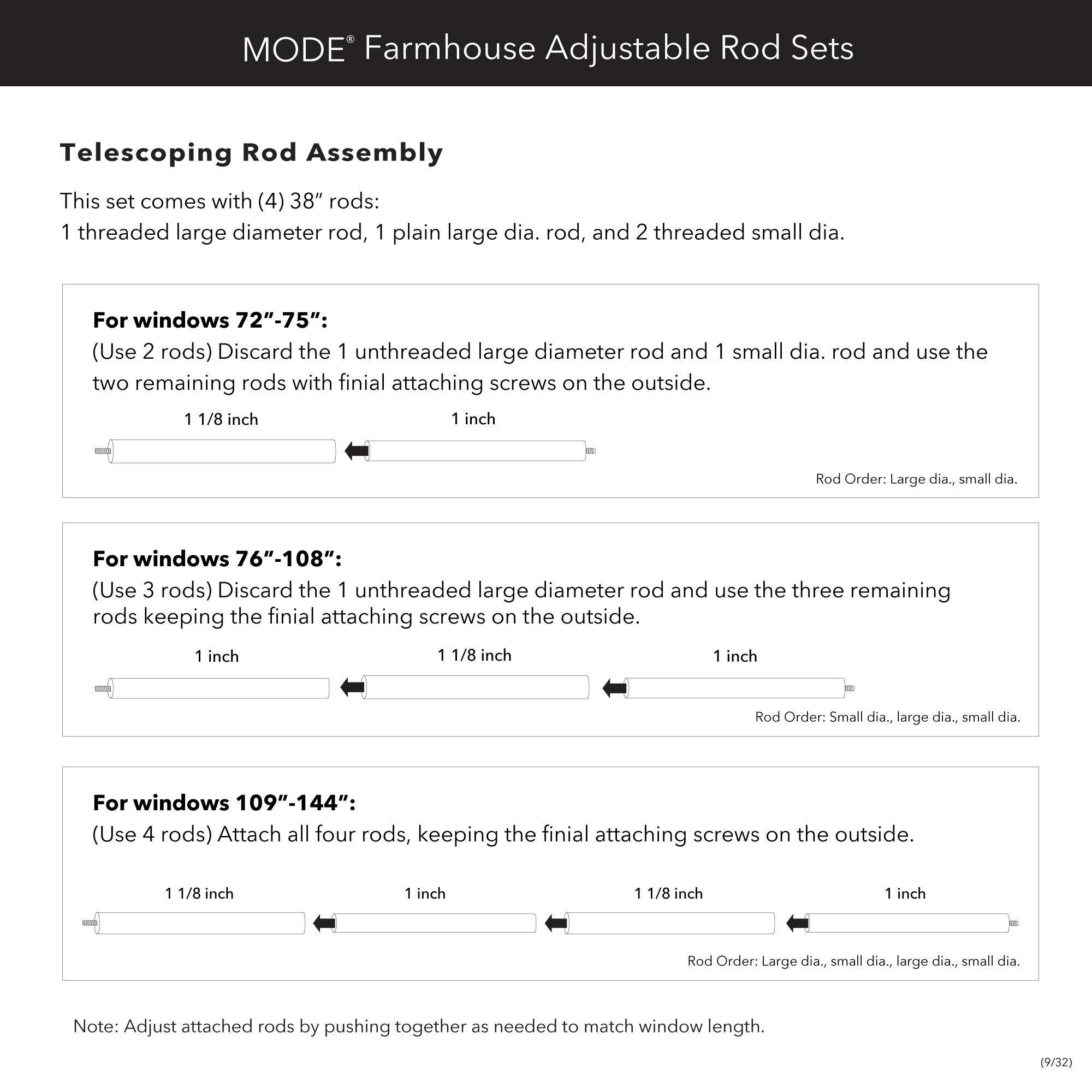 MODE MODE Farmhouse Collection 1 1/8" Diameter Curtain Rod Set with Cottage Square Curtain Rod Finials and Steel Wall Mounted Adjustable Curtain Rod, Fits 72 to 144 Windows, Weathered Black