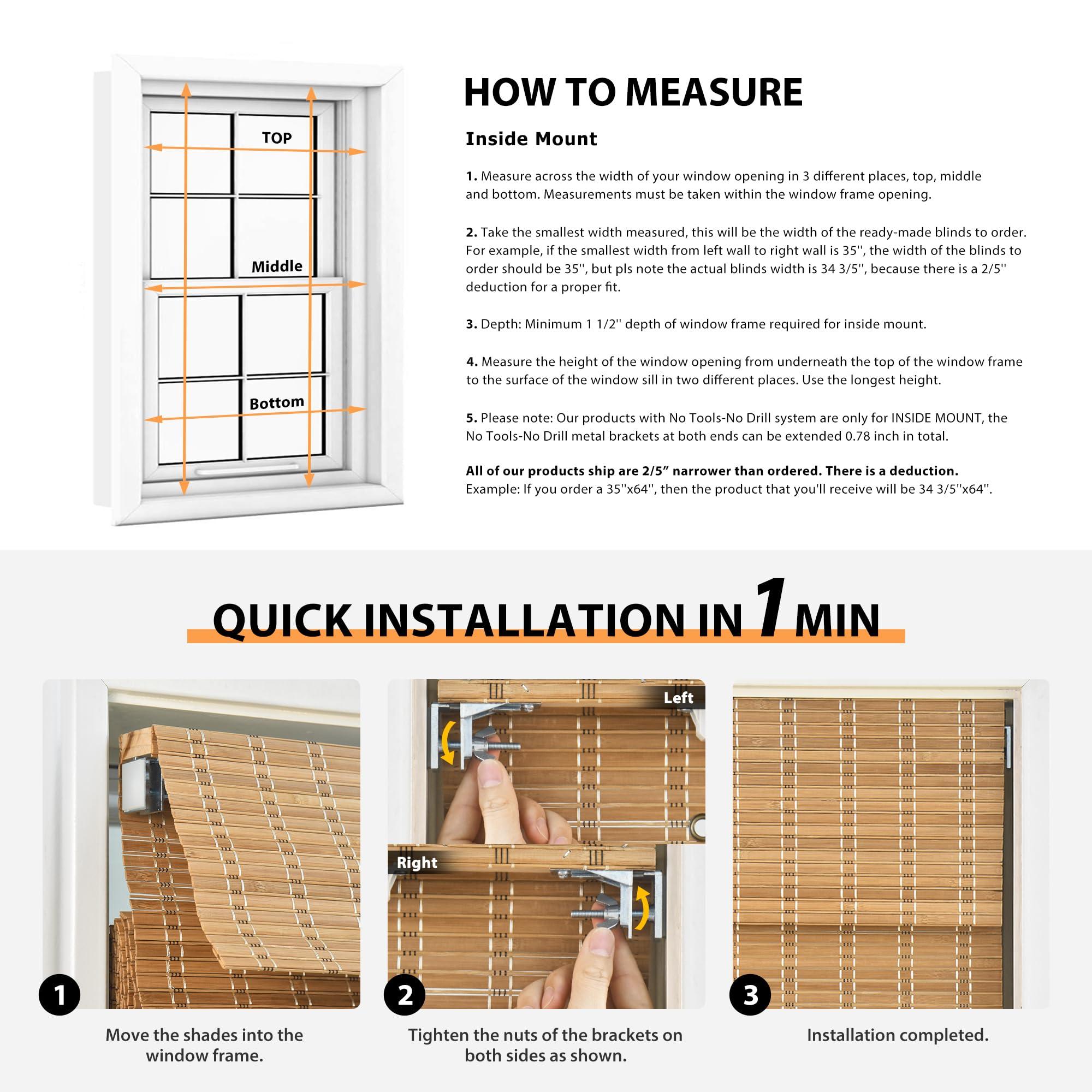 LazBlinds LazBlinds No Tools No Drill Cordless Bamboo Roman Shades, Light Filtering Window Treatment, Roll Up Bamboo Blinds for Window 39'' W x 64'' H, Whitewash B