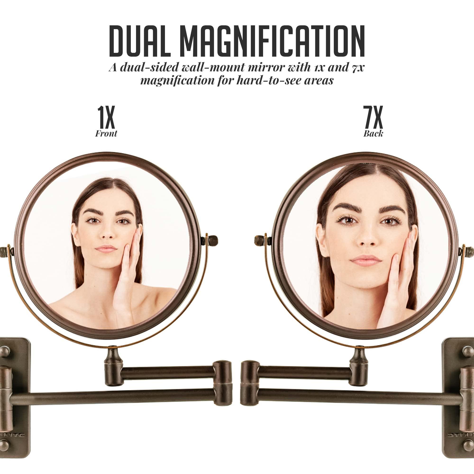 OVENTE Ovente 7\" Wall Mounted Makeup Mirror with 1X/7X Magnification, Double Sided Magnifying Round Bathroom Vanity Mirror, 360 Swivel Design, Extendable and Folding Arm, Antique Bronze MNLFW70ABZ1X7X